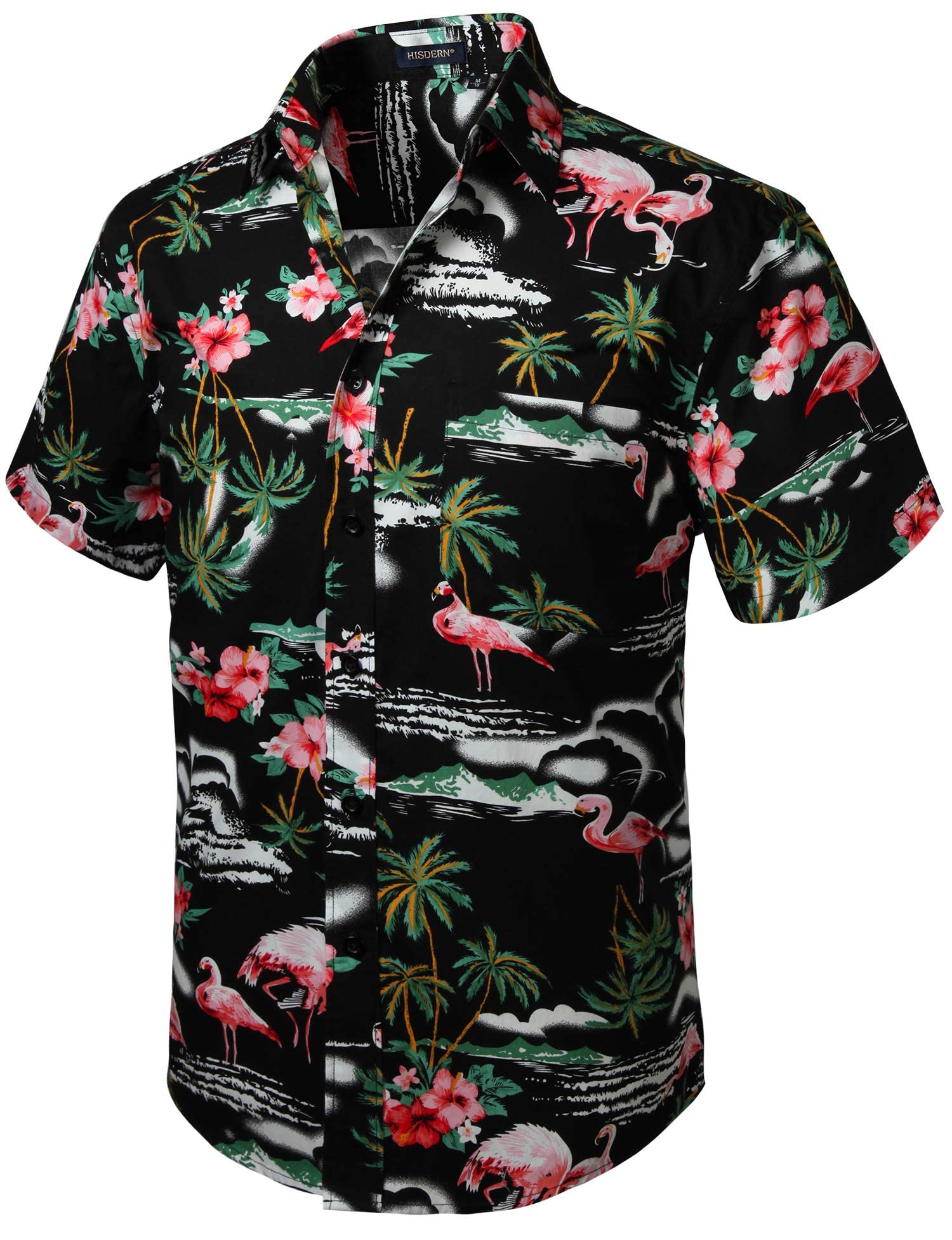 HISDERN Herren Funky Hawaiihemd Flamingo Unisex Kurzarm Vordertasche Urlaub Sommer Aloha Bedruckter Strand Beilaufig Hawaii Hemd L