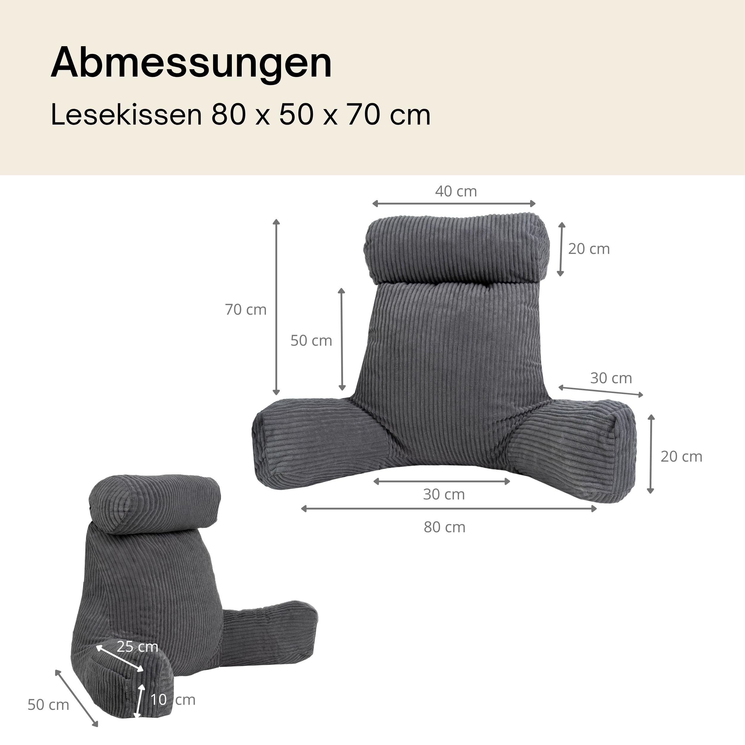 bananair – Lesekissen für Bett und Sofa aus Cord – Abnehmbare, Maschinenwaschbare Hülle – Weich & Komfortabel, Rückenstütze mit Armlehnen & Ergonomischer Sitzfläche (Grau)