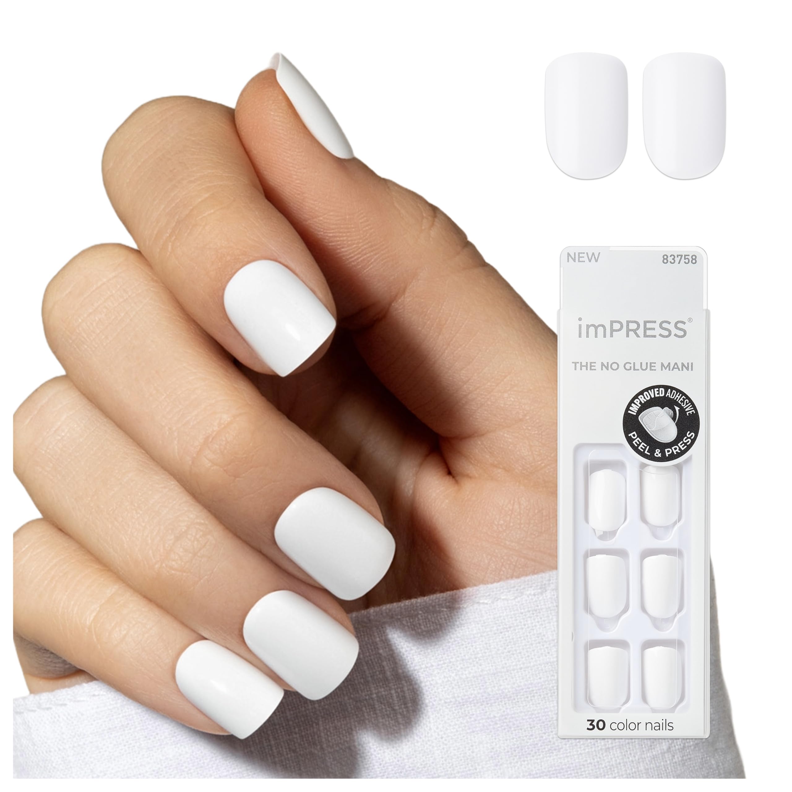 KISS imPRESS No Glue Mani Press On Nails, , 'Frosting', White, Short Size, Squoval Shape, Includes 30 Nails, Prep Pad, Instructions Sheet, 1 Manicure Stick, 1 Mini File