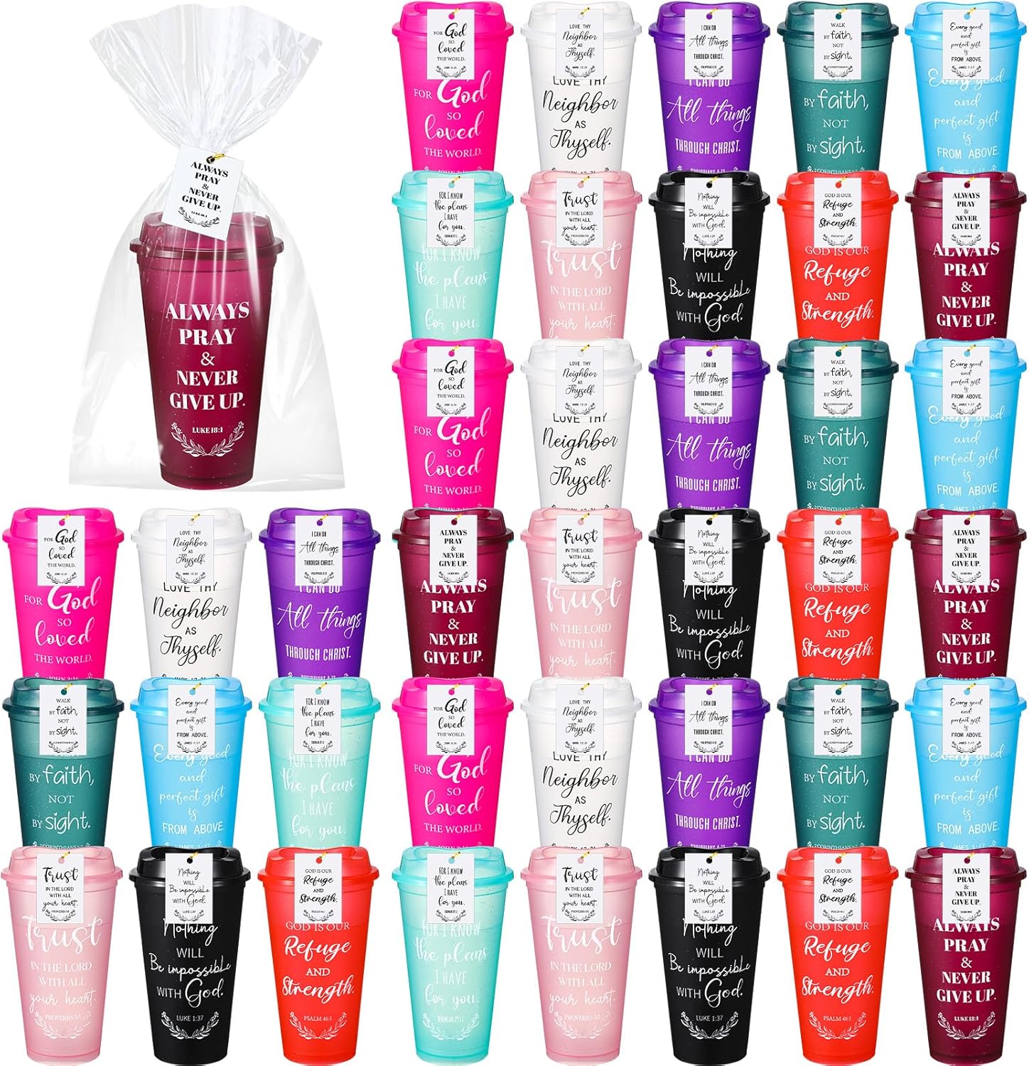 LemonRoad 40 Sets Christian Gifts Bulk 16oz Reusable Bible Verse Coffee Cups with Lids Cards and Gift Bags Inspirational Religious Gifts for Church Party (Classic Color)