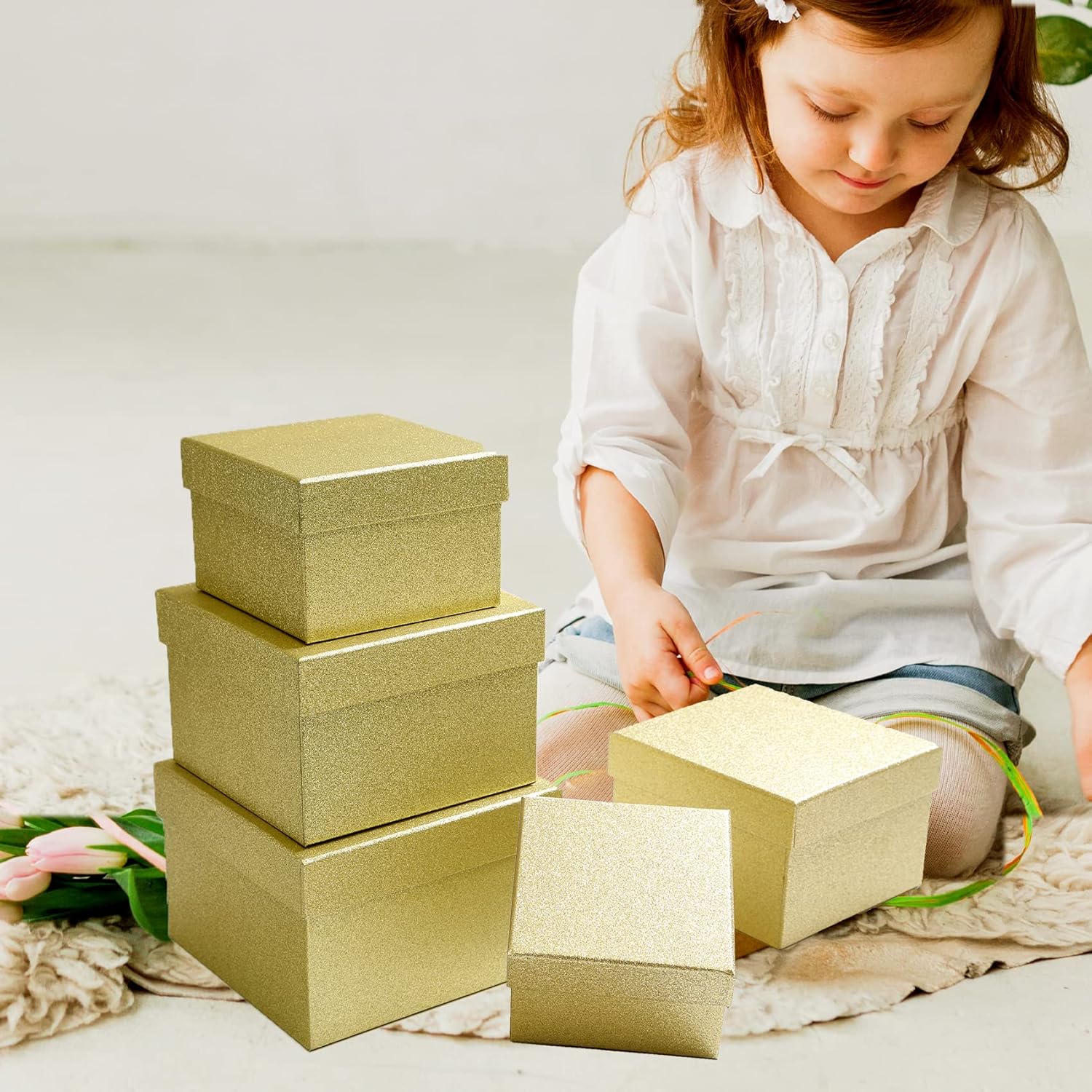 PAPER FAIR 5PCS Bright Gold Glitter Nesting Gift Boxes Set, Flat Square Cardboard Storage Organizer Keepsake Box with Lid Durable Reusable, for Gift Wrapping Holiday Present Christmas Birthday,