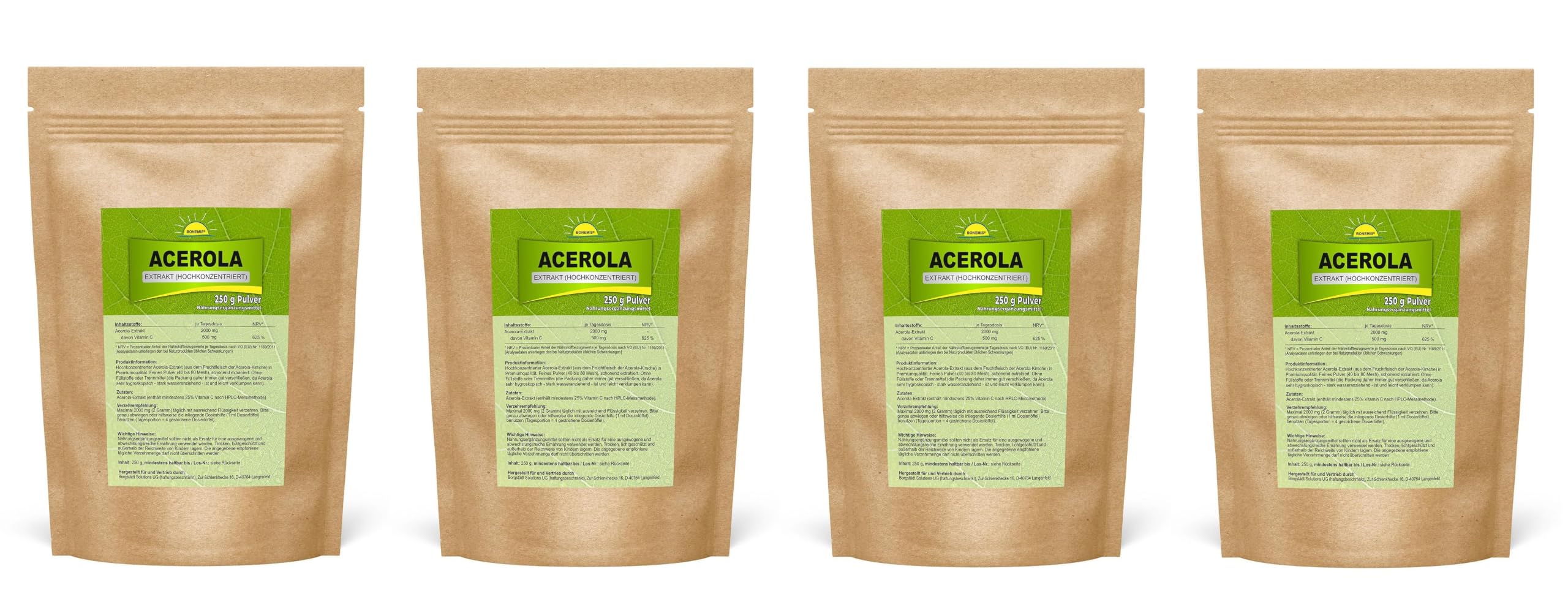 Acerola Extrakt, 25% Vitamin C, ohne Zusätze, Pulver, 4x 250g Beutel