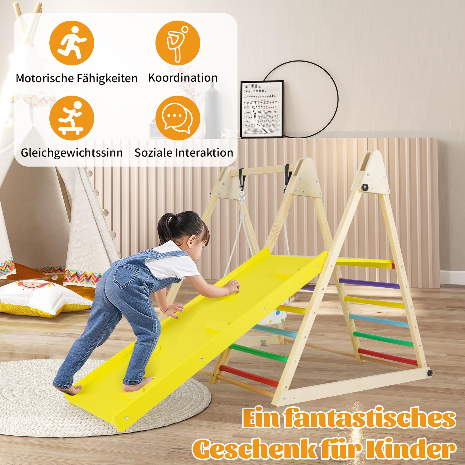 COSTWAY Klettergerüst Indoor, 4 in 1 Schaukel & Ruheplattform & Kletterrampe & Leiter, Kletterset zum Klettern & Rutschen, Kinder Spielplatz Holz, für Kinder ab 1 Jahr (Bunt)