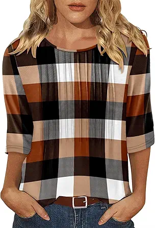 KISSMODA Tunic Tops for Women Loose Fit Dressy Round Neck Pleated 3/4 Length Sleeve Spring Tops