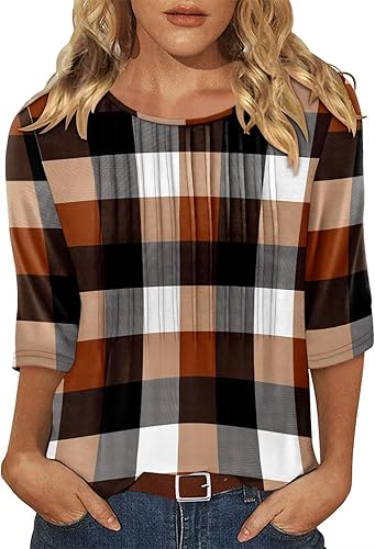 KISSMODA Tunic Tops for Women Loose Fit Dressy Round Neck Pleated 3/4 Length Sleeve Spring Tops