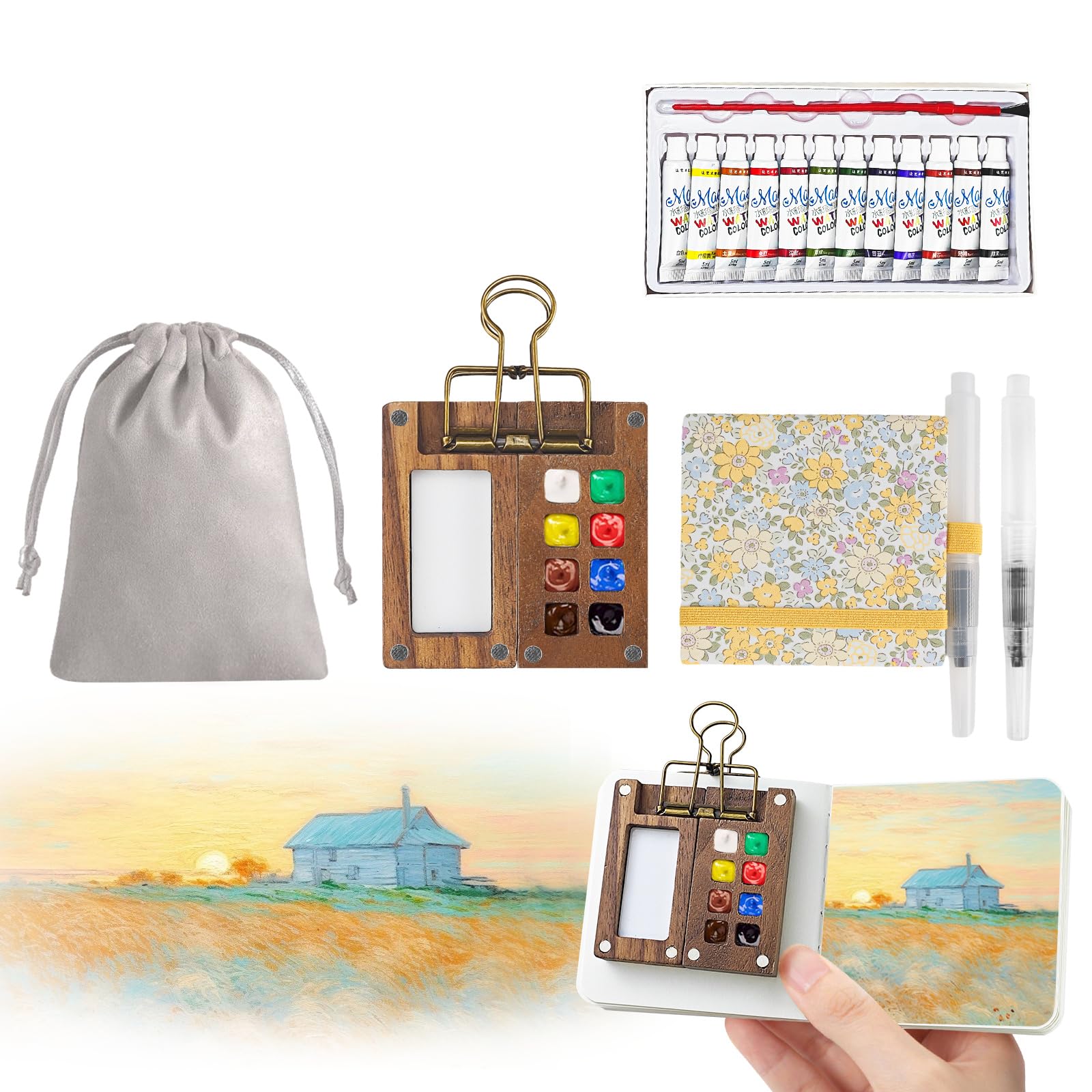 7Pcs Portable Watercolor Palette - 8 Grids Travel Watercolour Paint Set, Portable Travel Painting Set, Lid Foldable Wooden Palette, Sketchbook Brush Watercolour for Painting Lovers, Home, Office
