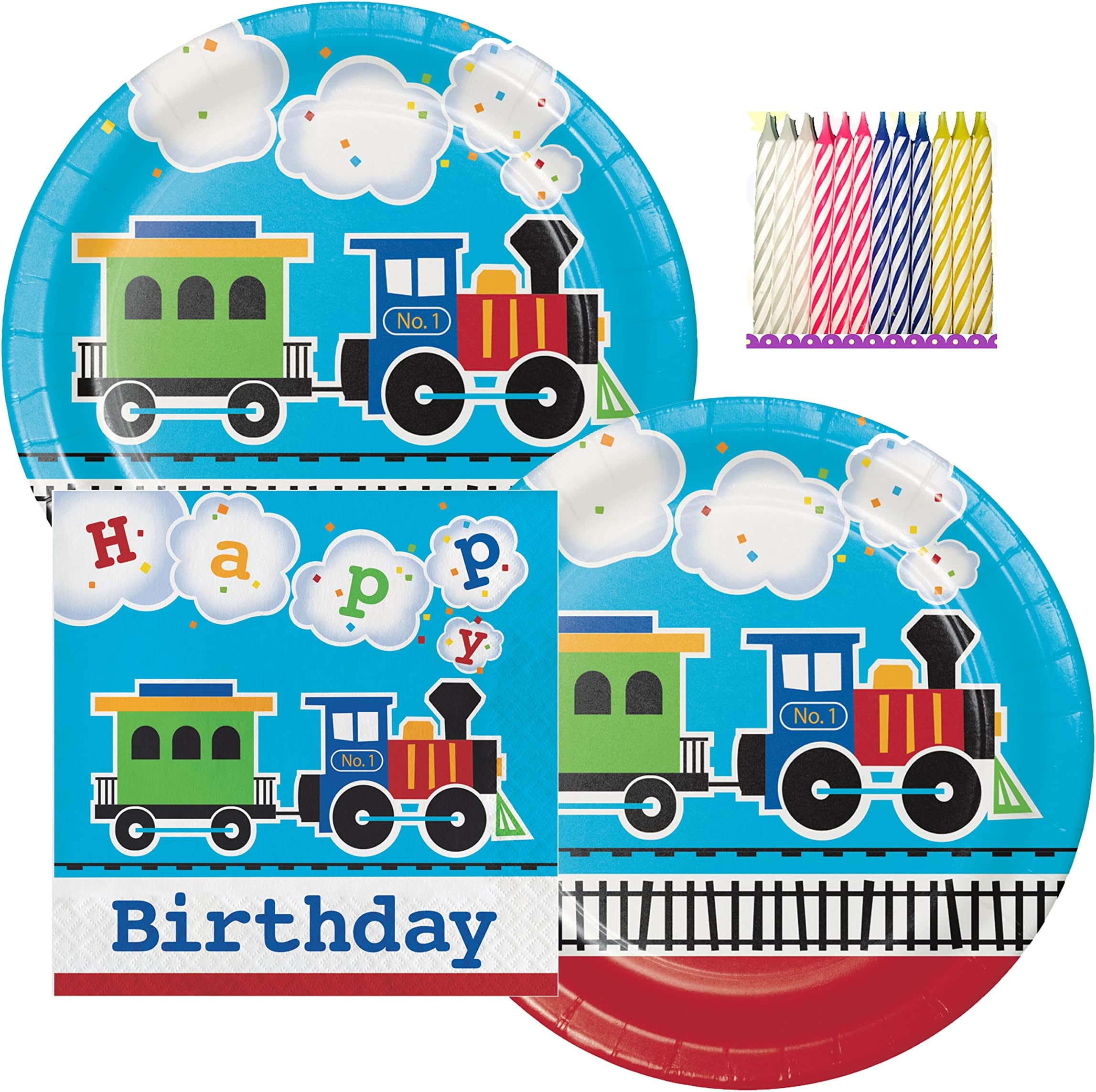 All Aboard The Train Birthday Theme Plates and Napkins Serves 16 With Birthday Candles