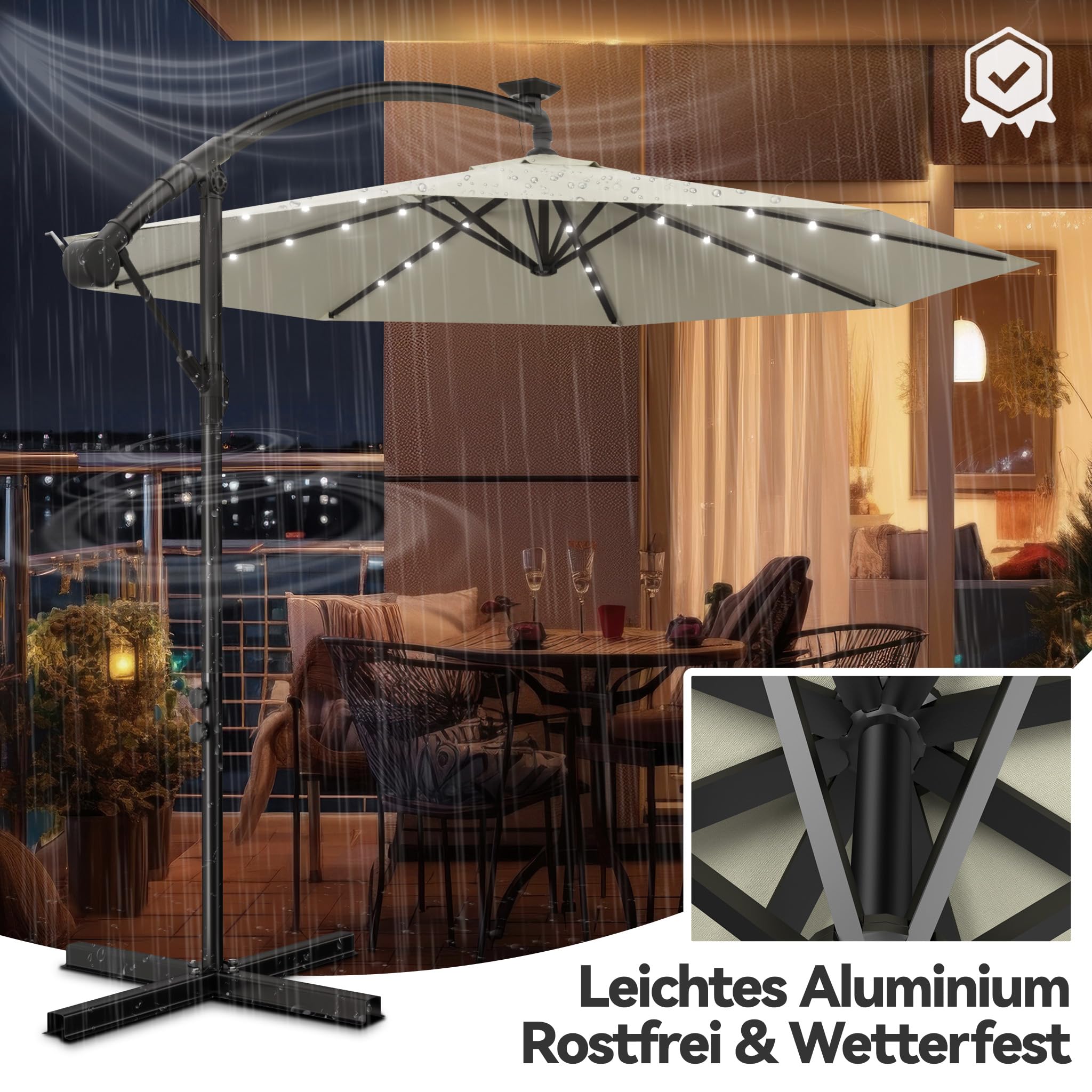 Aufun Ombrelloni in alluminio 300 cm con protezione solare a LED bianchi protezione UV 40+ - ombrellone balcone ombrellone da giardino regolabile in altezza (beige con LED solare)