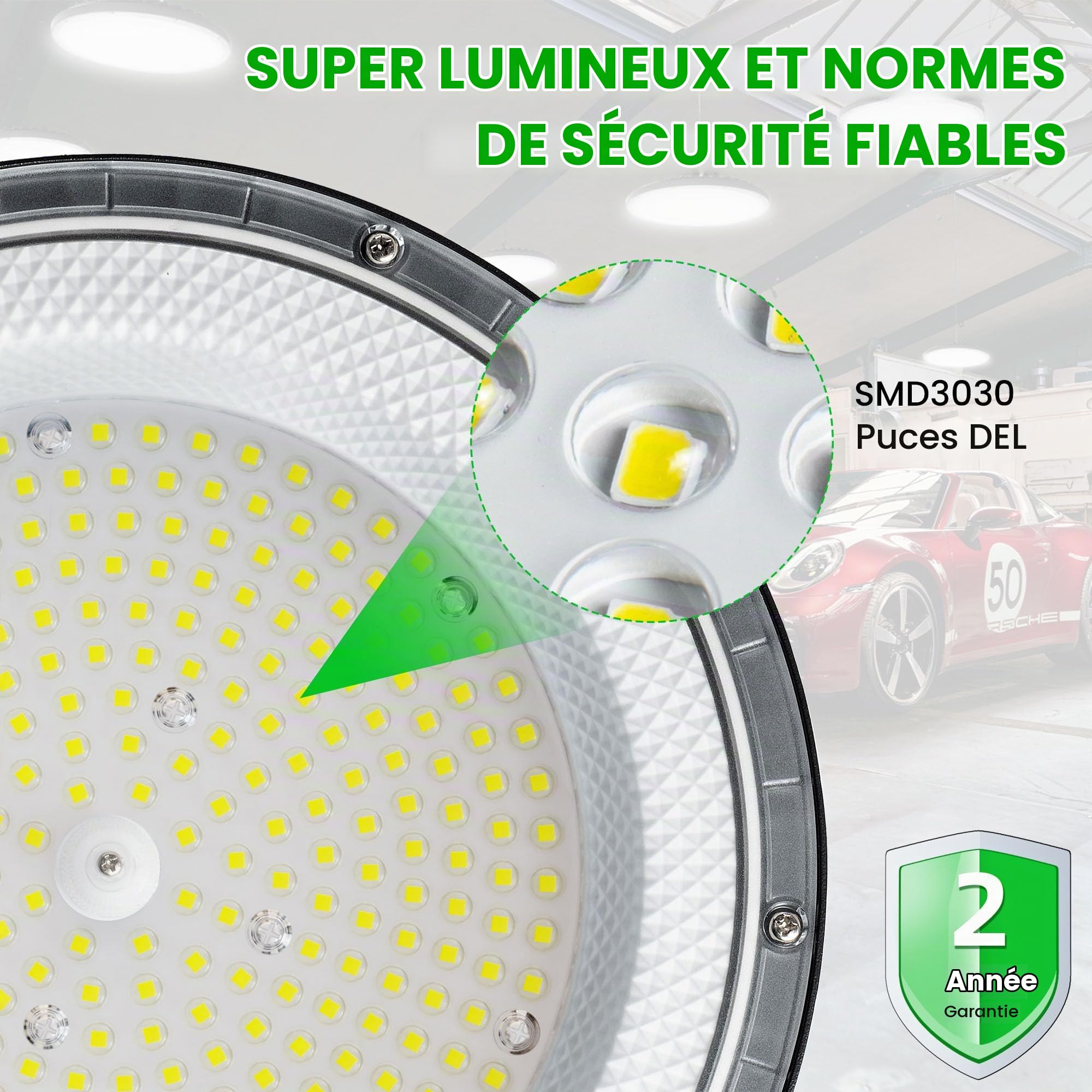 4 Pièces Lampe Eclairage Atelier 150W, 22500LM UFO Eclairage Plafonnier LED Garage avec Chaine, 6000K Projecteur LED Intérieur, IP65 Étanche Éclairage de Plafond pour Garage, Entrepôt, Gymnase