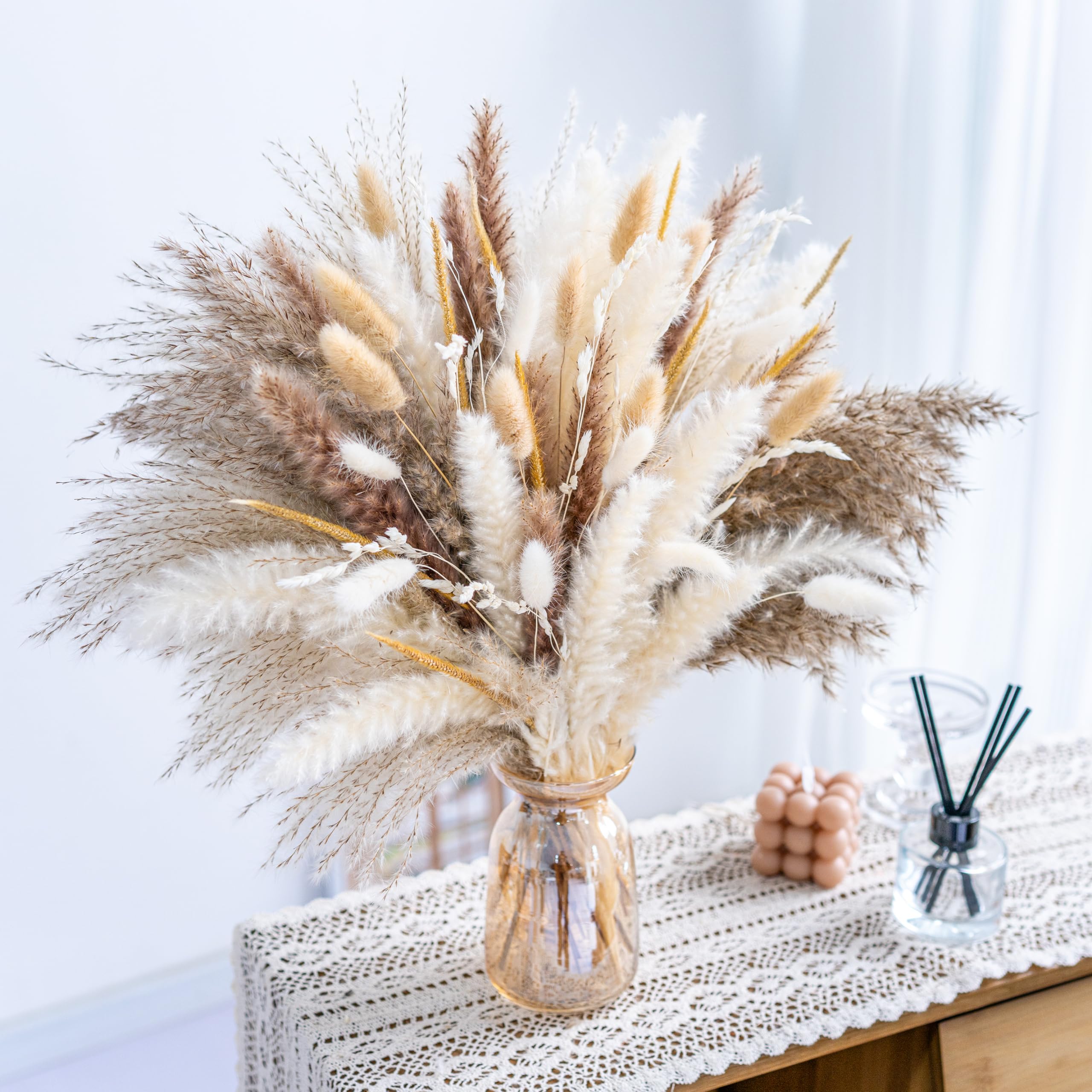 120PCS Natural Pampas Grass Mix Bouquet | Dried Pampas Bouquet for Wedding Boho Flowers Home Table Decor Desk Decor, Rustic Farmhouse Decor (120PCS)