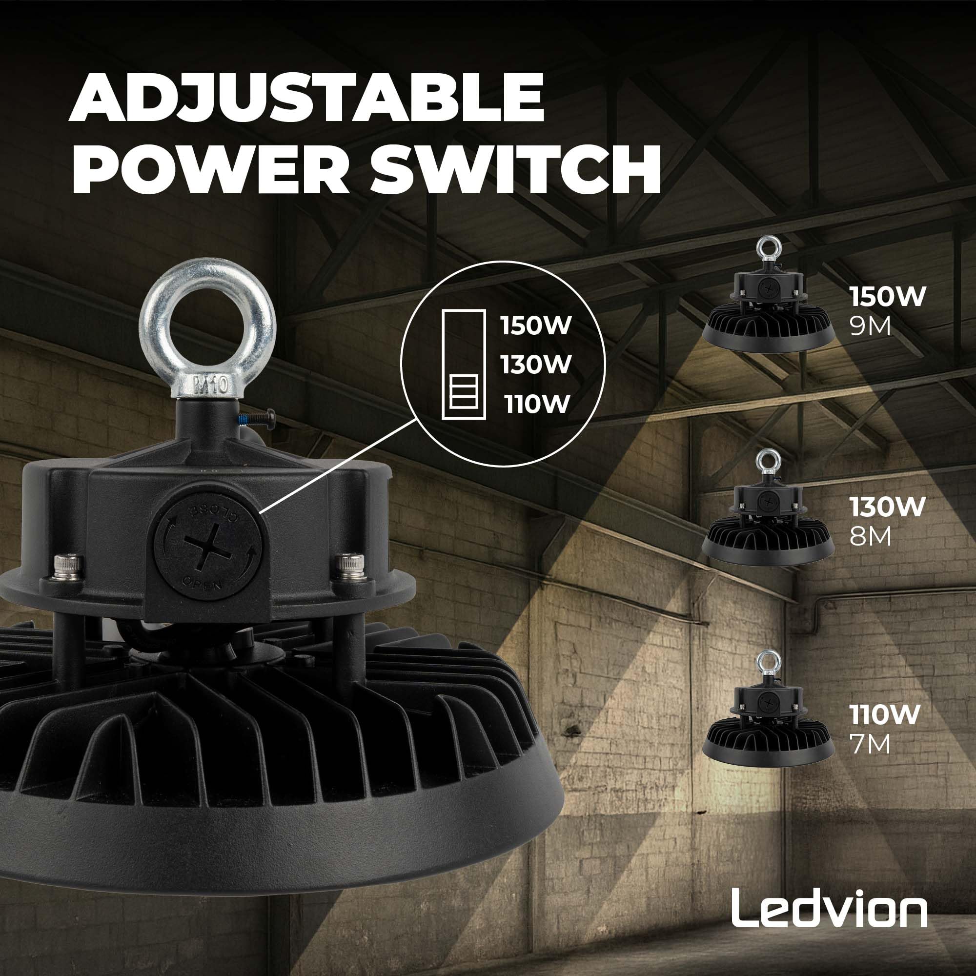 Ledvion - LED Lámpara de Alta Bahía, IP65, 150-130-110W, 185 lm/W, Driver, 4000K, Regulable, Campana LED UFO, Lámpara de Alta Bahía para Naves Industriales, Almacén, Taller, Garaje
