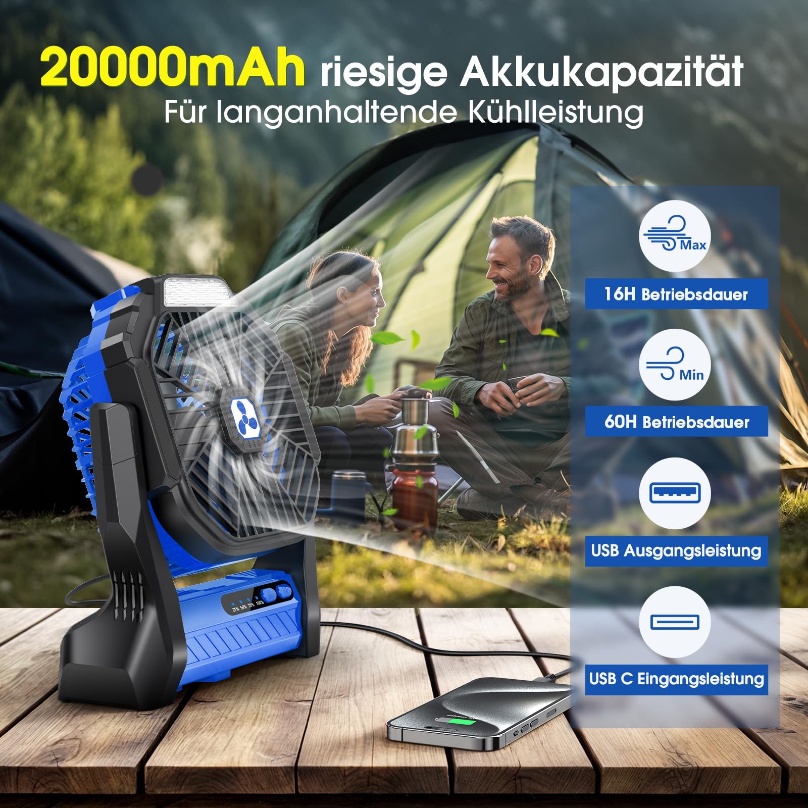 Ventilador a Pilas 20000 mAh inalámbrico, Recargable, Ventilador portátil con Linterna LED, Ventilador de Mesa, batería USB-C, Ventilador de Camping para Viajes, Playa Azul