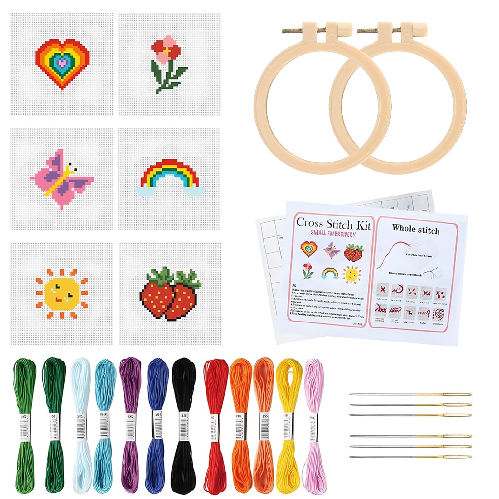 Cross Stitch Kits for Kids, Including 6 Embroidery Patterns, 2 Embroidery Rings, 6 Needles, 12 Colored Threads, Printed Cross-Stitch Sewing Patterns Tools with Instructions for Beginner Adults