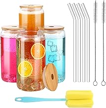 Pack of 4 Straw Tumblers 450ml with Lid and Straw Glass Tumbler Can Be Used as Cola Glasses, Juice, Milk Tea, Cocktails, Coffee