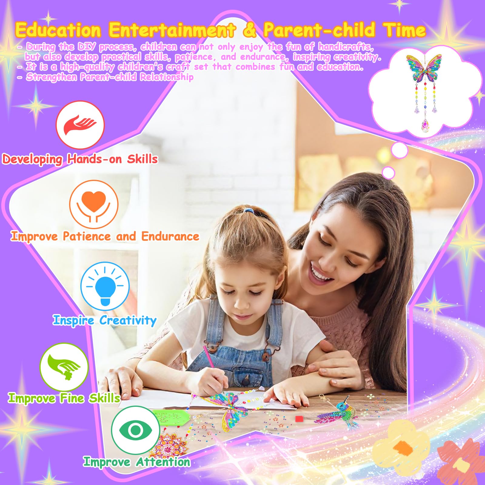 Arts and Crafts Kits,Gifts for 6 7 8 9 10 11 Year Old Girls,3 PCS Diamond Painting Suncatcher Kit,DIY Diamond Art Kits Wind Chimes for Adults Teens - Image 3