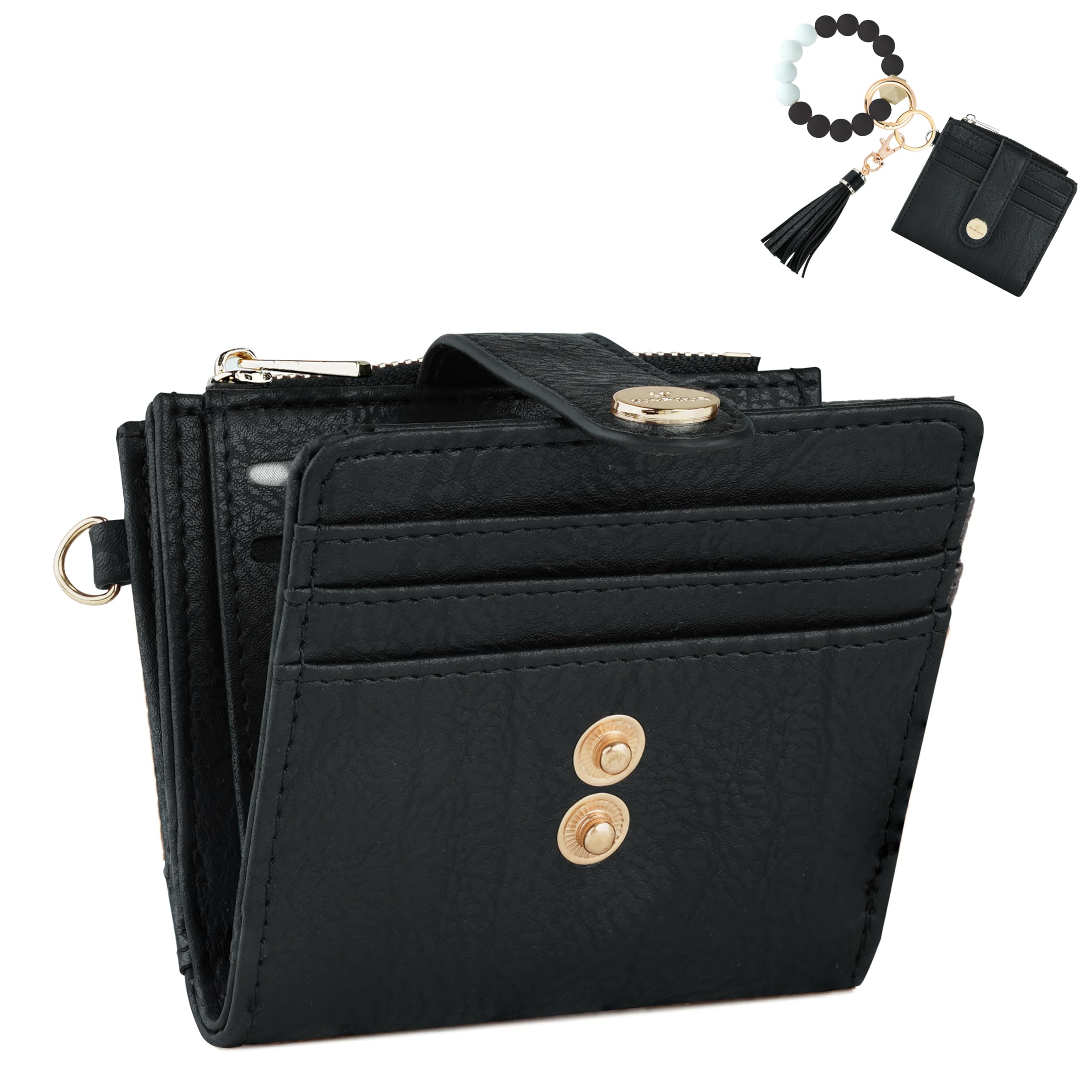 Sunpour Small Wristlet Wallets for Women Keychain Wristlet Wallet RFID Blocking Key Chain Wallet With Zipper Coin Pocket,2 Id Window(Black)