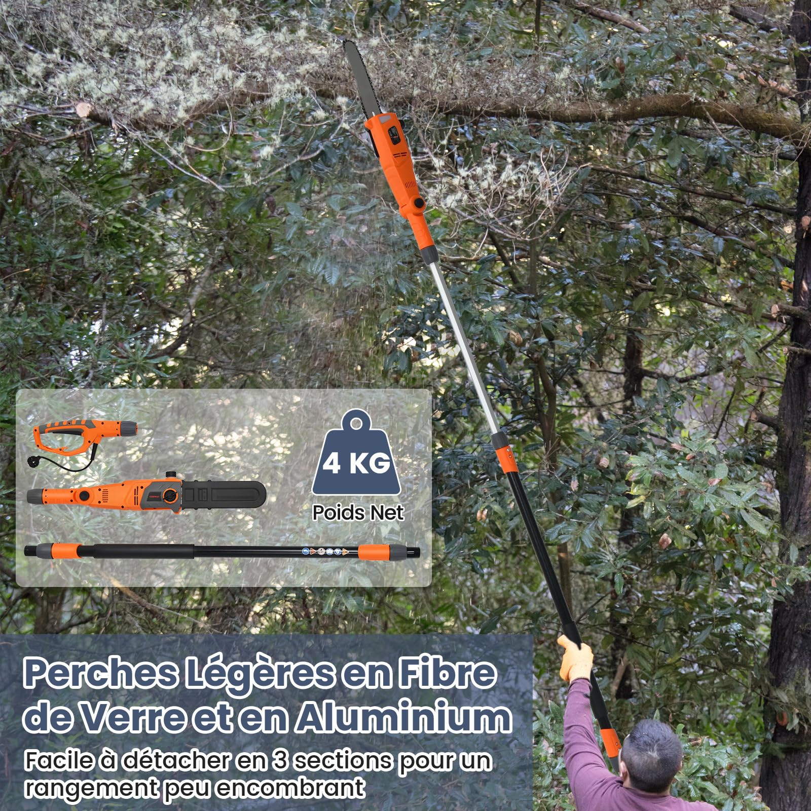 RELAX4LIFE 750W Élagueuse sur perche Téléscopique 212-286CM avec Mini Tronçonneuse Électrique Angle Ajustable -30° à30°, Vitesse 11M/S, Lubrification et Tension Automatique (286cm)