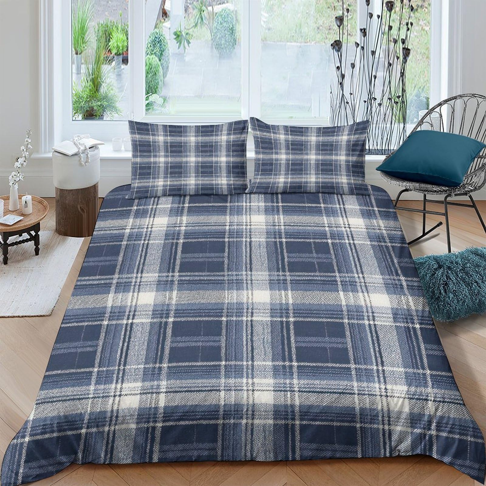 GPLZQXKJNH 3D Printed Blue Plaid Duvet Cover Microfiber Soft Breathable Checkered Bedding Set with 2 Pillowcases for Bedroom Decor Single（135x200cm）