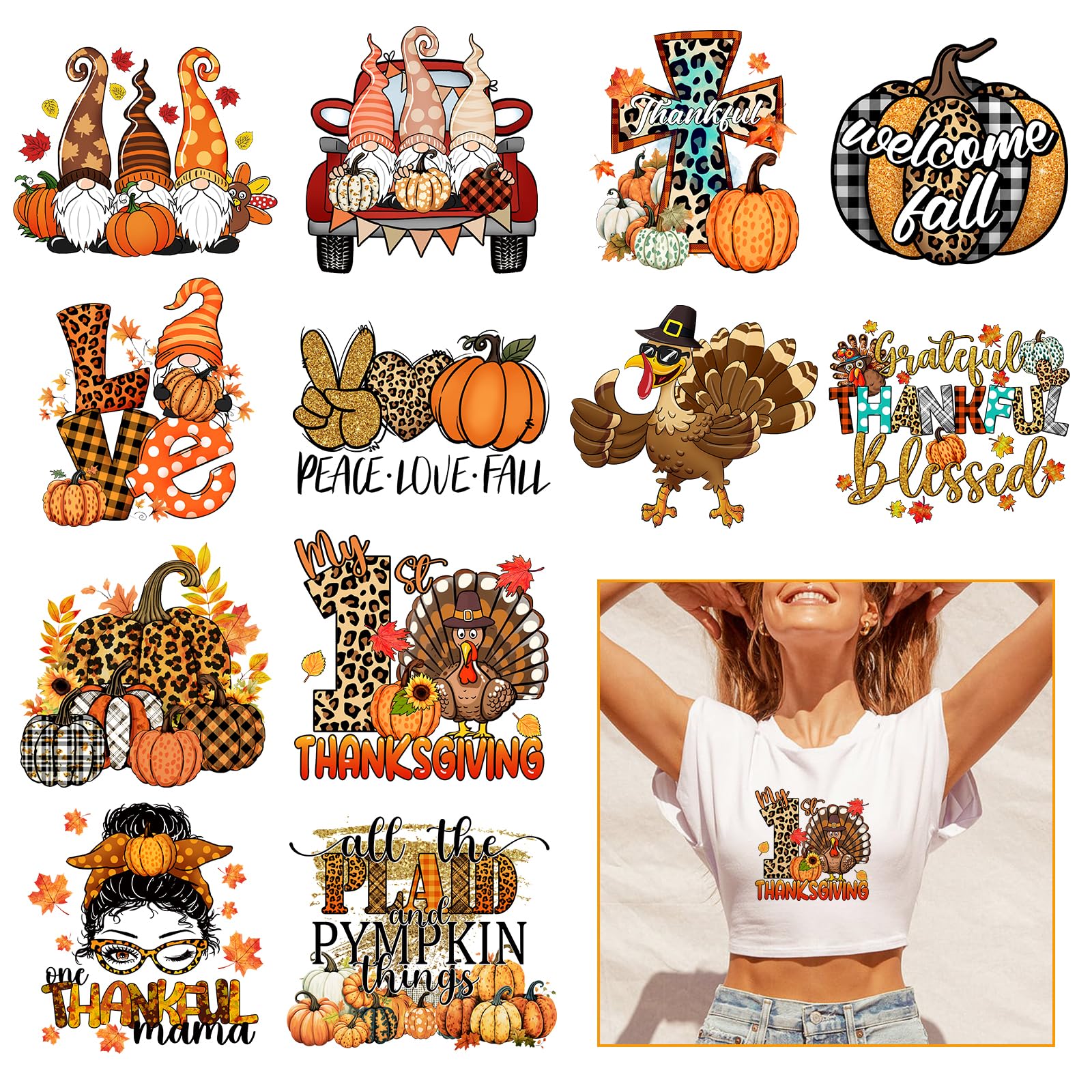 Thanksgiving Day Iron on Decals Patches Heat Transfer Stickers Vinyl Appliques for Pillow Covers T-Shirt Jackets Hoodies DIY Decoration Independence Day Crafts Supplies 12 Sheets