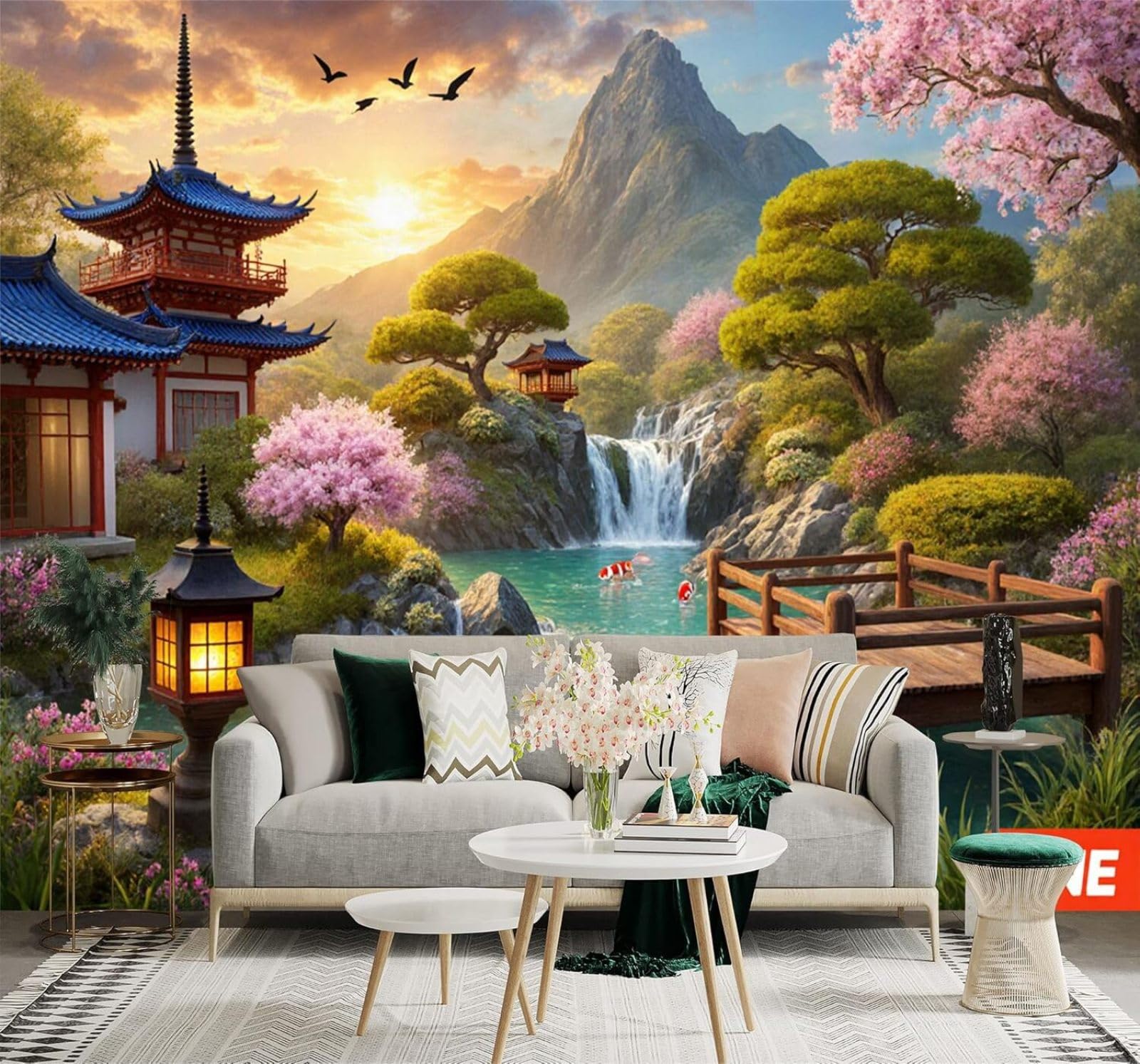 XLMING Koi Pond Garden Cherry Blossoms Waterfall Natural Scenery 3D Wallpaper Silky Texture Home Study Office Grey Dining Room Sofa Bedroom Living Room TV Backdrop-300cm×210cm