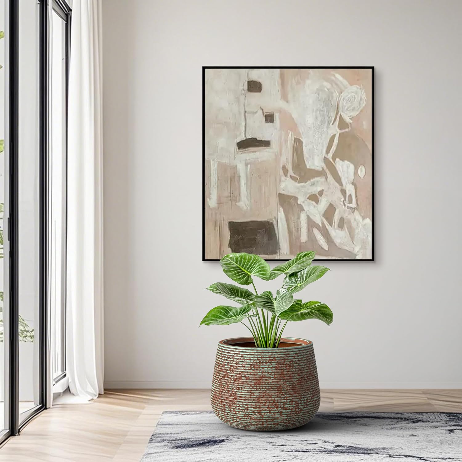 Round Concrete Planter – Mineral-Toned Surface Plant Pot with Drainage Hole and Plug, Ideal for Succulents, Flowers and Trees for Porch, Patio or Home, Verdigris Mist