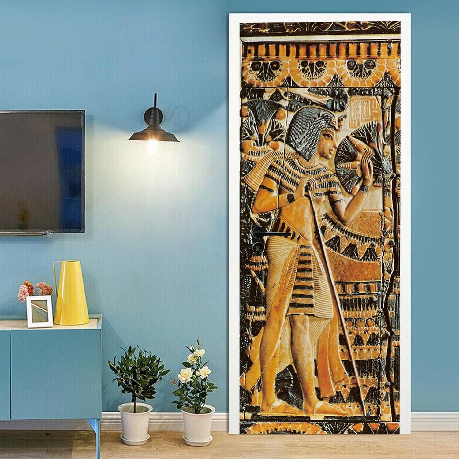 3D Door Stickers for Interior Doors Egyptian Mural of Ancient Egypt Vinyl Waterproof Self Adhesive Door Mural Decals for Bedroom Office Bathroom 95 x 215 cm