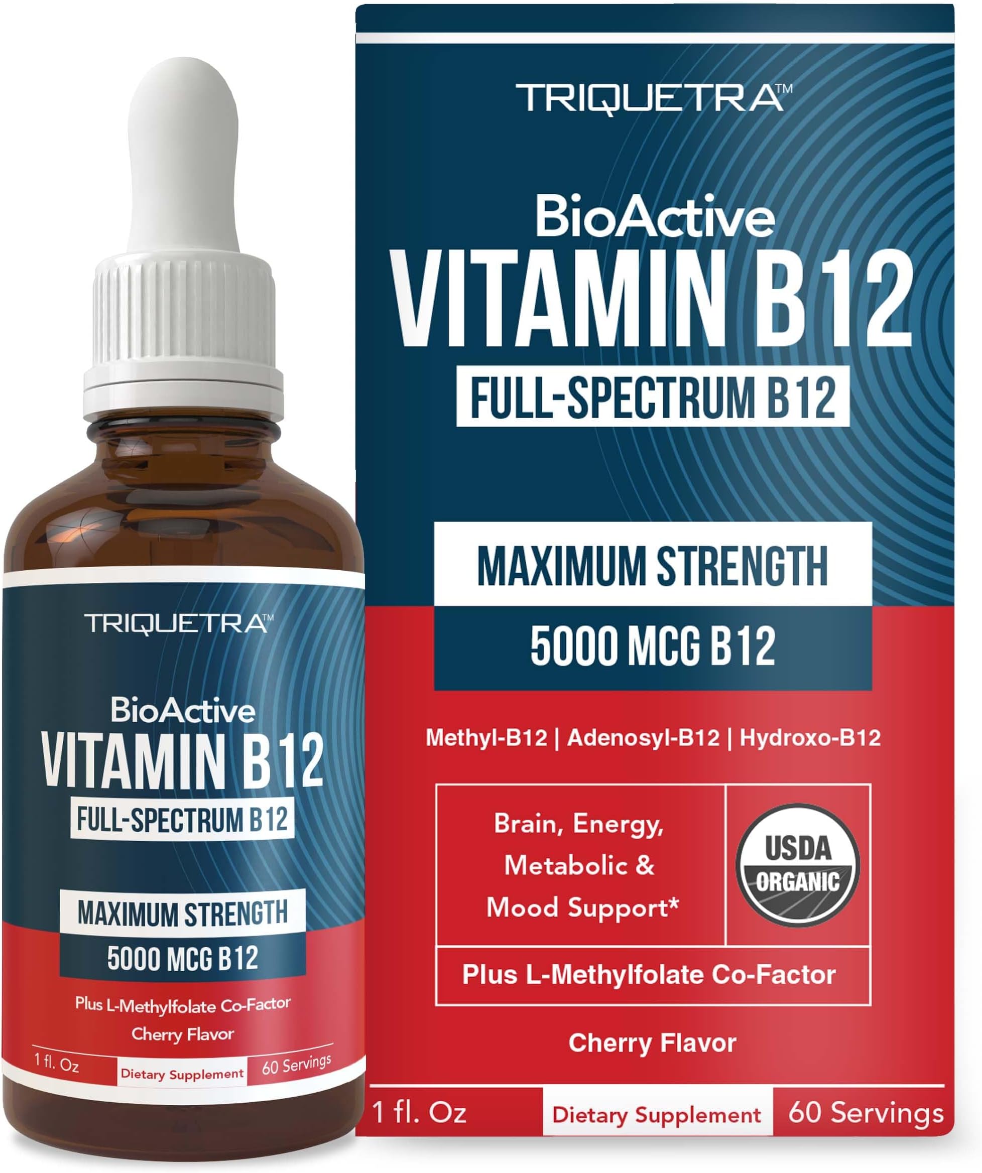 BioActive Vitamin B12 5000 mcg | 3 BioActive Forms Plus Methylfolate Cofactor - Methylcobalamin, Adenosyl & Hydroxy | Sublingual Liquid Drops, Berry Flavor, Organic, Non-GMO, Vegan (1 oz)
