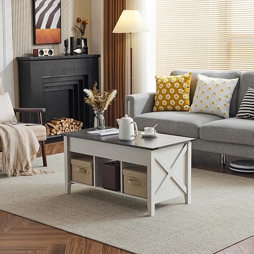 Miniatura 9 de VINGLI Farmhouse - Mesa de centro elevable, color gris rústico con estante de almacenamientocompartimento oculto, Mesa De Centro para Sala, marrón