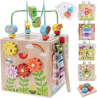 KMTJT Wooden Montessori Activity Cube for 1-3 Year Old Toddlers - 7-in-1 Educational Toy with Bead Maze, Shape Sorter, Pink Birthday Gift