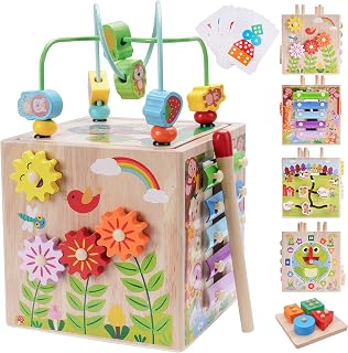 KMTJT Wooden Montessori Activity Cube for 1-3 Year Old Toddlers - 7-in-1 Educational Toy with Bead Maze, Shape Sorter, Pink Birthday Gift