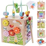 Wooden Activity Cube | Montessori Toys for 1 2 3 Year Old Toddlers | One Year Old 1st First Birthday Gift | Educational Toys for 12+ Months Baby Boys Girls | Bonus Sorting & Stacking Game (Pink)