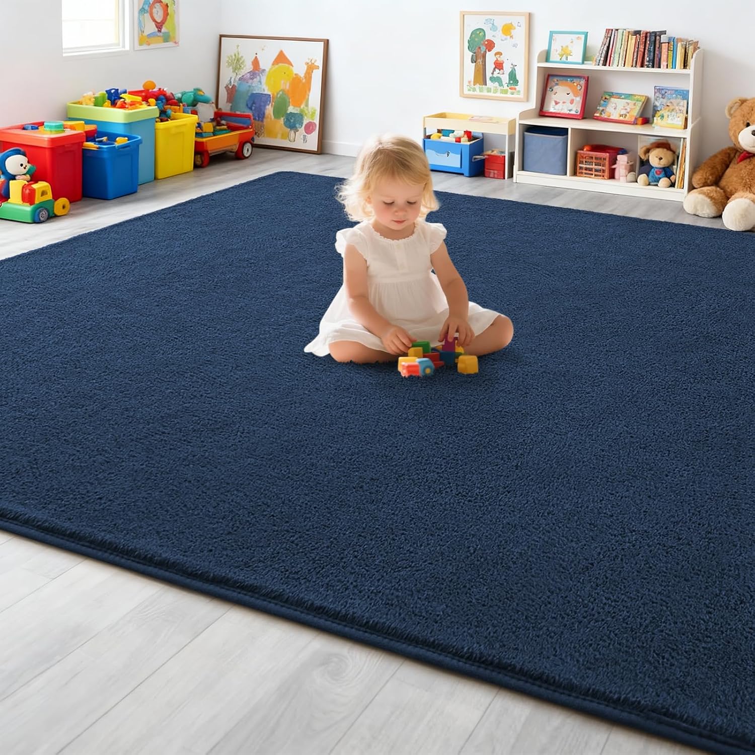 4x6 Feet Blue Area Rugs for Bedroom, Indoor Washable Memory Foam Rug for Living Room, Modern Aesthetic Minimalist Non-Slip Carpets for Kids Boys Girls Adults Dorm Home Decor