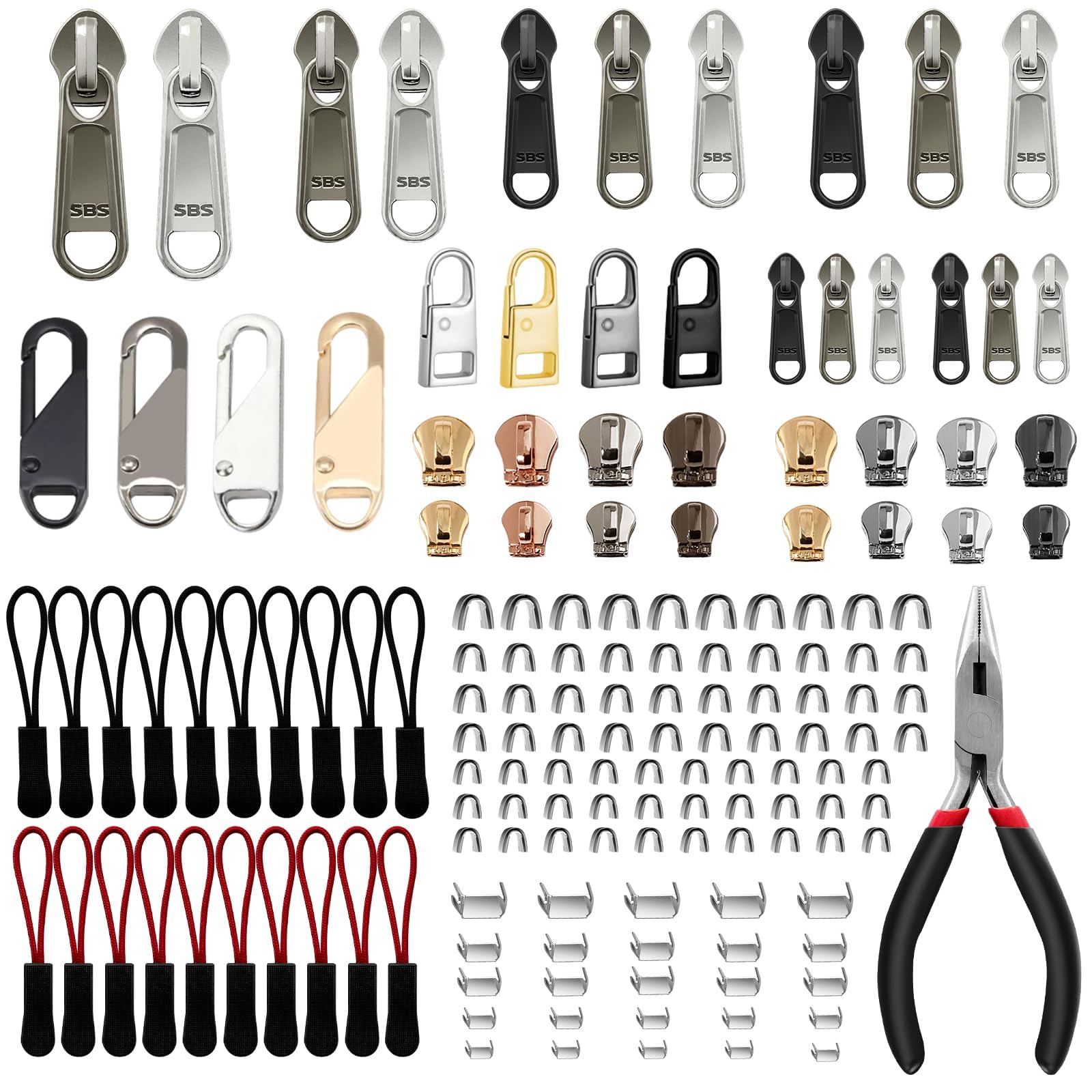 VICHERIA Kit de reparación de cremallera (200 piezas), tirador de cremallera de repuesto de calidad, kit de reparación de cremallera para bolsos, equipaje, abrigos, botas, saco de dormir, cremalleras
