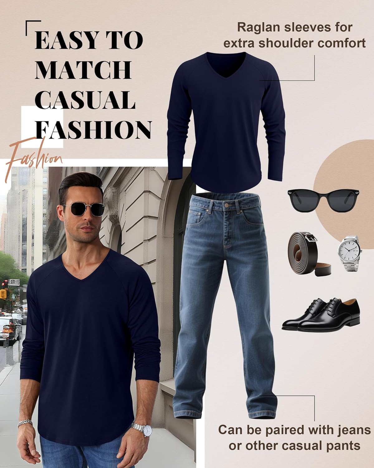 Riyiper 3 Pack Men's Long Sleeve T-Shirts V Neck Curved Hem Casual Raglan Shirts Stretch Lounge Basic Fall Plain Layer Tops - Image 3