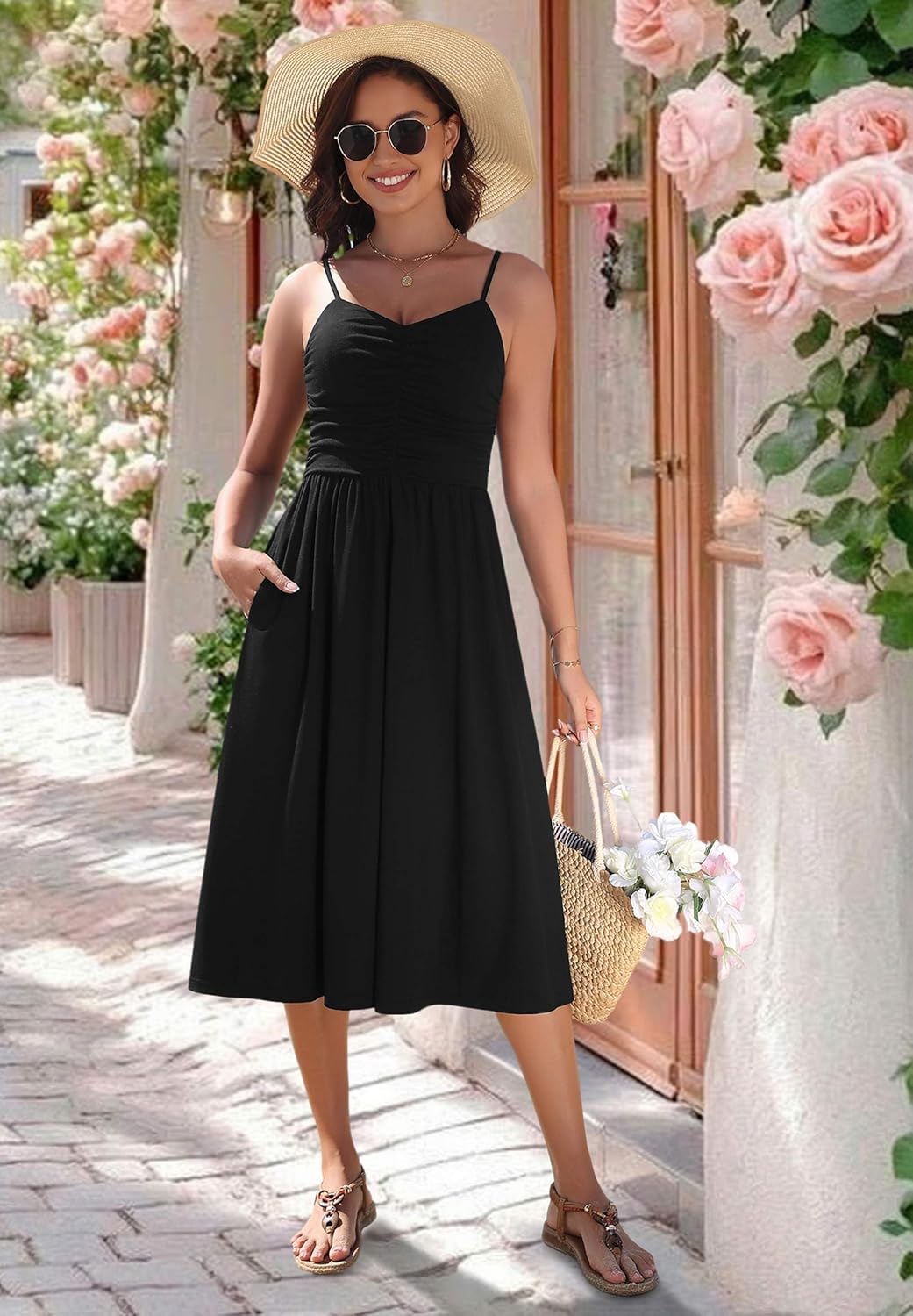 Zeagoo Women 2026 Summer Adjustable Spaghetti Strap Sundress Casual Ruched Floral V Neck Midi Flowy Beach Dress with Pockets - Image 3