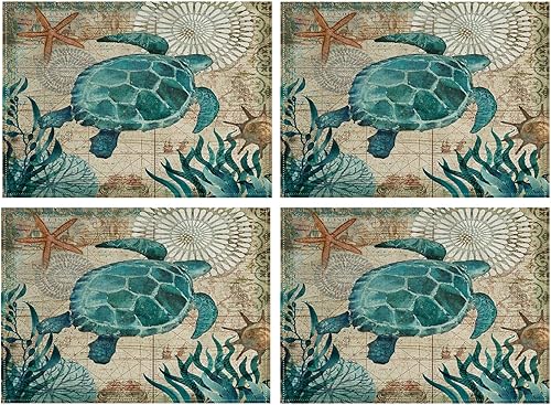 Miniatura 1 de Juego de 4 manteles individuales con temática de tortugas marinas, impermeables, resistentes al calor, lavables, antideslizantes, para comedor,