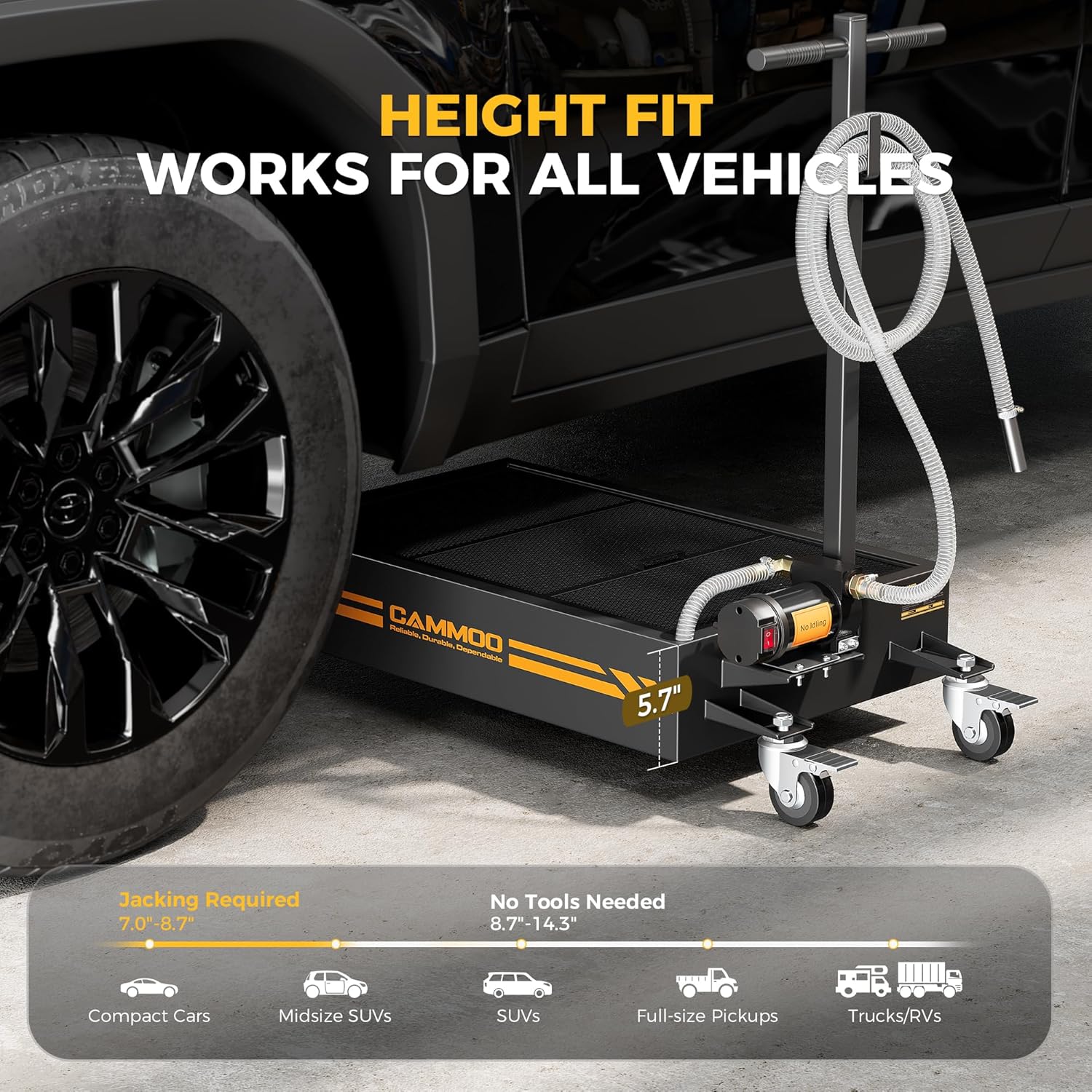 CAMMOO 15 Gal Electric Oil Drain Pan, 110V High-Flow Pump, 9.8 FT Hose, 200 W Motor, 2 Locking Swivel Casters and 2 Directional Wheels Stable, Folding Handle, Heavy-Duty for Trucks, RVs, SUVs, Black