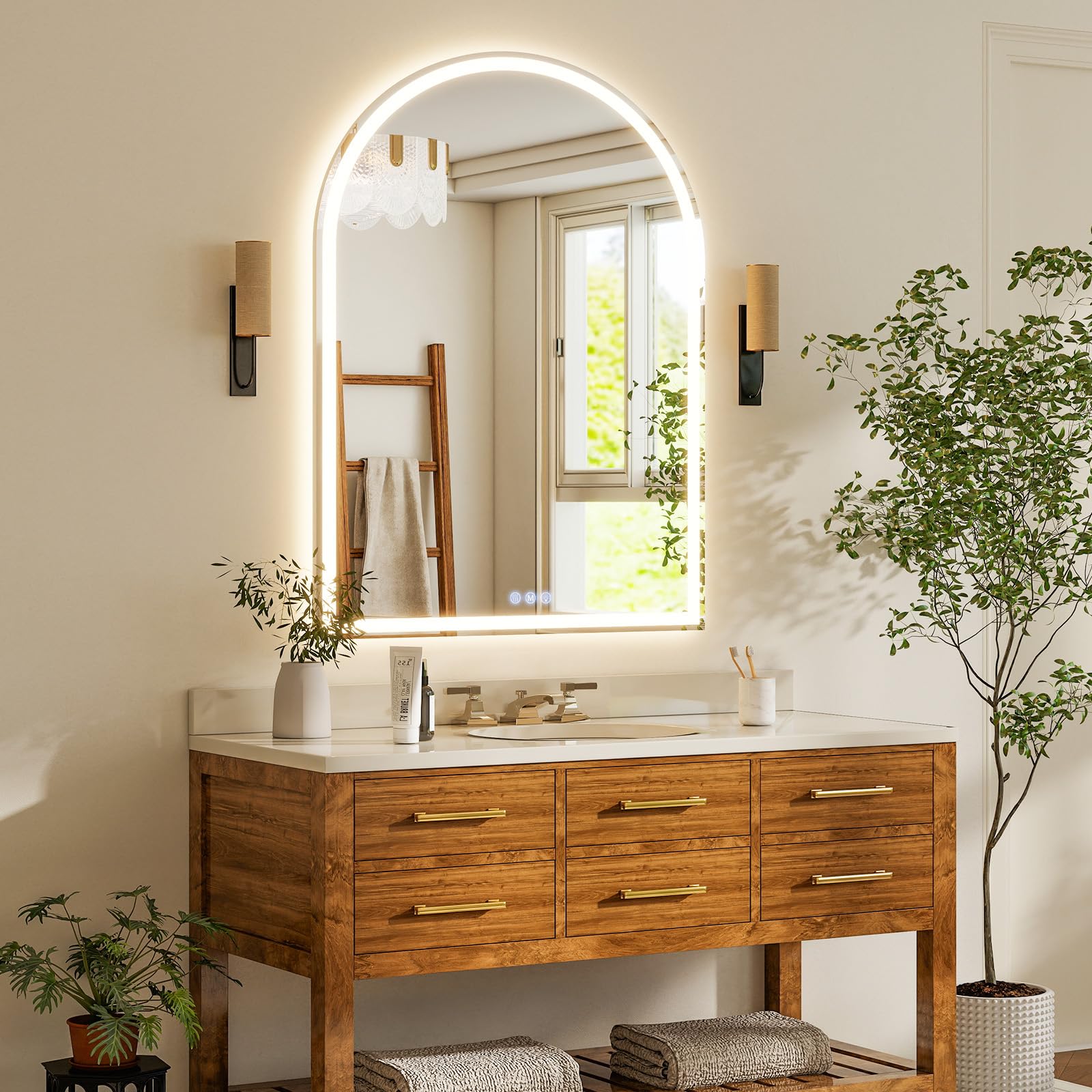 Koonmi Espejo de baño LED 100 x 75 cm, regulable, antivaho | Espejo de luz curvado con 3 colores de luz, función de memoria y cristal templado para baño y área de maquillaje