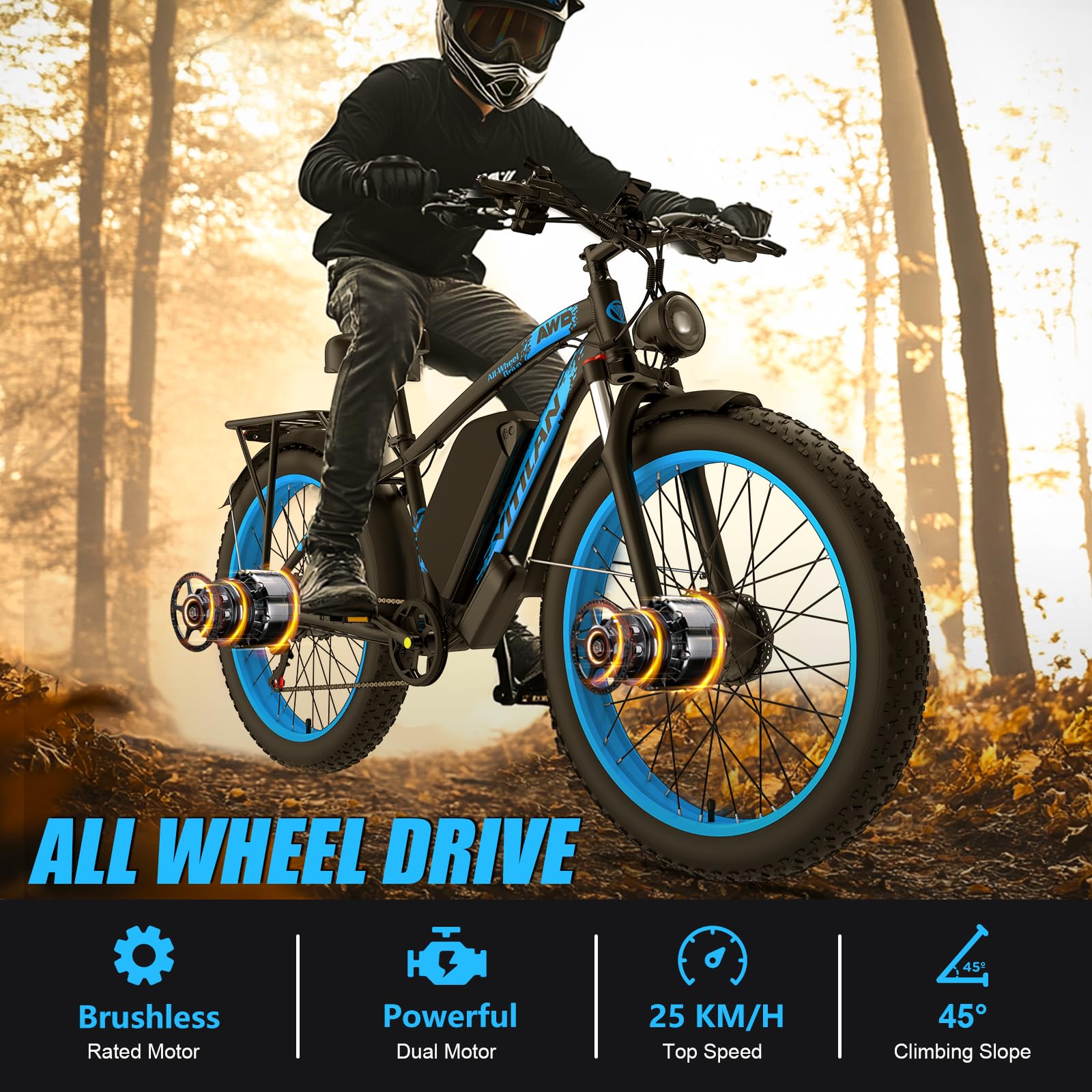 H5 Vélo Électrique pour Adultes, Vélo Électrique à Double Moteur, Batterie 52V 25Ah, Ebike à Pneus Gras 24" x 4", 7 Vitesses, AWD pour Tout-Terrain, Route, Pendulaires