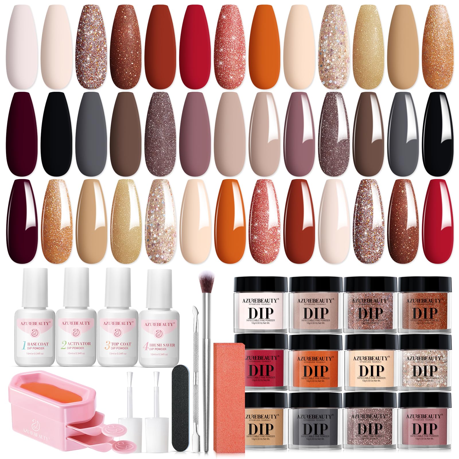 AZUREBEAUTY Fall Dip Powder Nail Kit 20 Colors Glitter Nude Black Grey Winter 31 Pcs Dip Powder Liquid Set with Top/Base Coat Activator for French Nails Art Manicure DIY Salon Women Gift