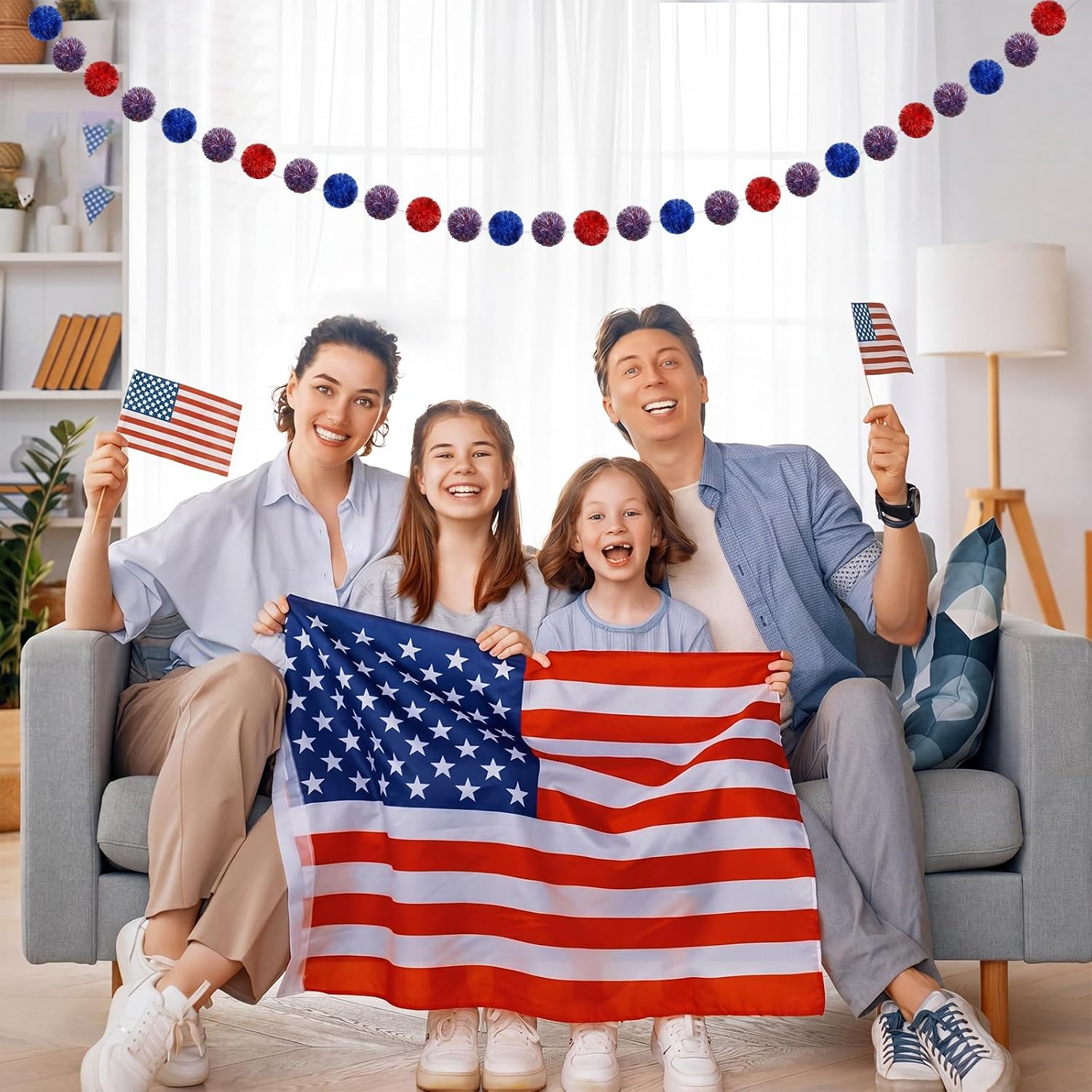 Suncalla 2 Pcs 4th of July Garland Decorations for Mantel 6 ft Patriotic Tinsel Pom Pom Garland 6 Inches Red White Blue Tinsel Glitter Ball Hanging Decor for Independence Day Mantel Wall Home Decor