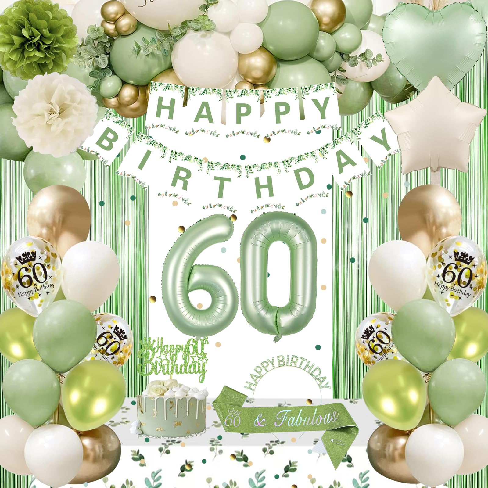 60th Birthday Decorations for Woman, Sage Green 60th Bday Decorations Women Happy Birthday Banner Green Gold Balloons Crown Sash Fringe Curtain