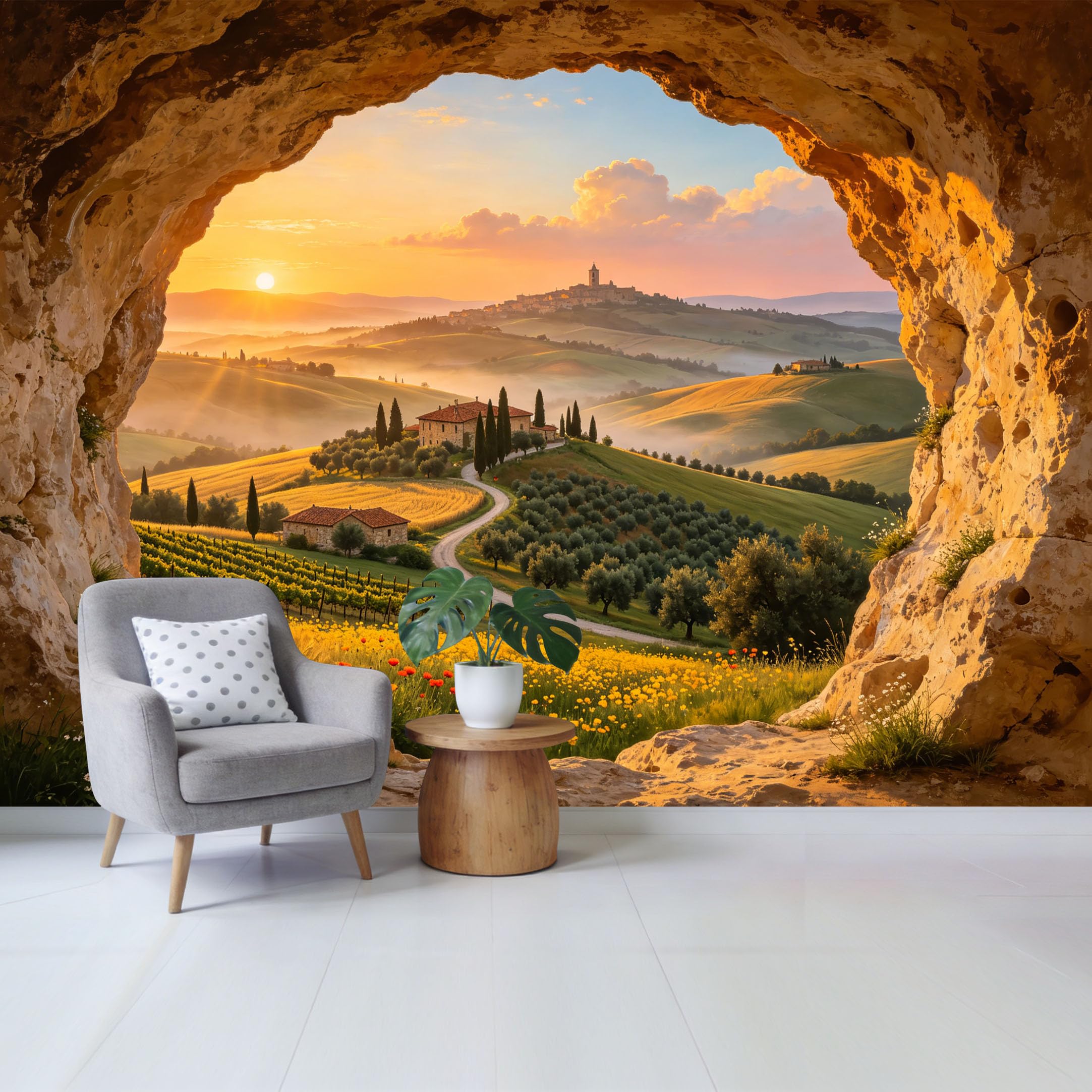 Custom Size Wall Mural Sunset Tuscany Landscape View from Cave with Vineyard Hills and Countryside Houses Removable Self Adhesive Fabric Home Wall Decor for Living Room Bedroom Bathroom