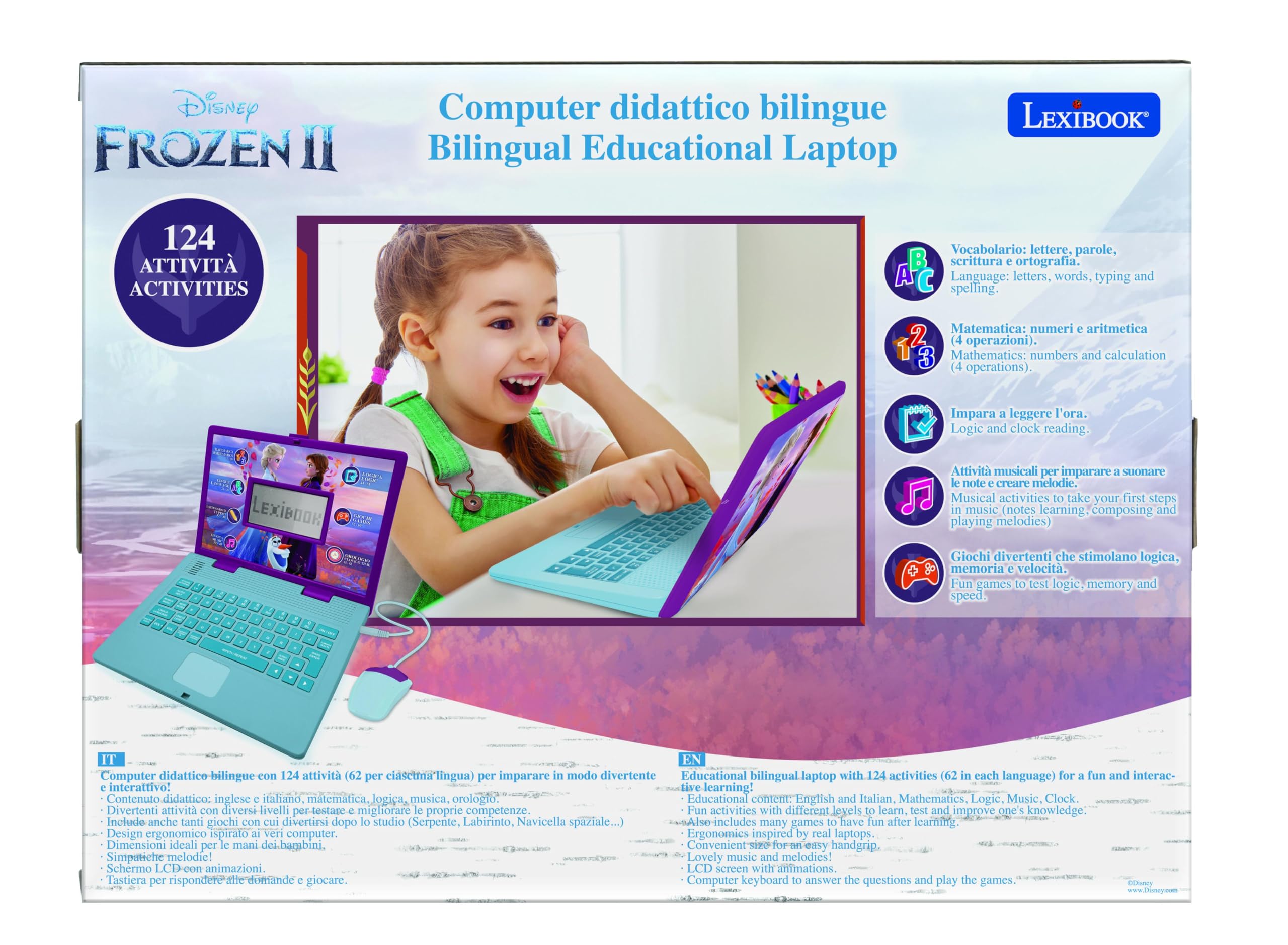 Lexibook Disney Frozen 2 - Computer Portatile educativo bilingue Italiano/Inglese - 124 attività per Un apprendimento Divertente e interattivo - Matematica, logica, Musica, Orologio - JC598FZi5LXB