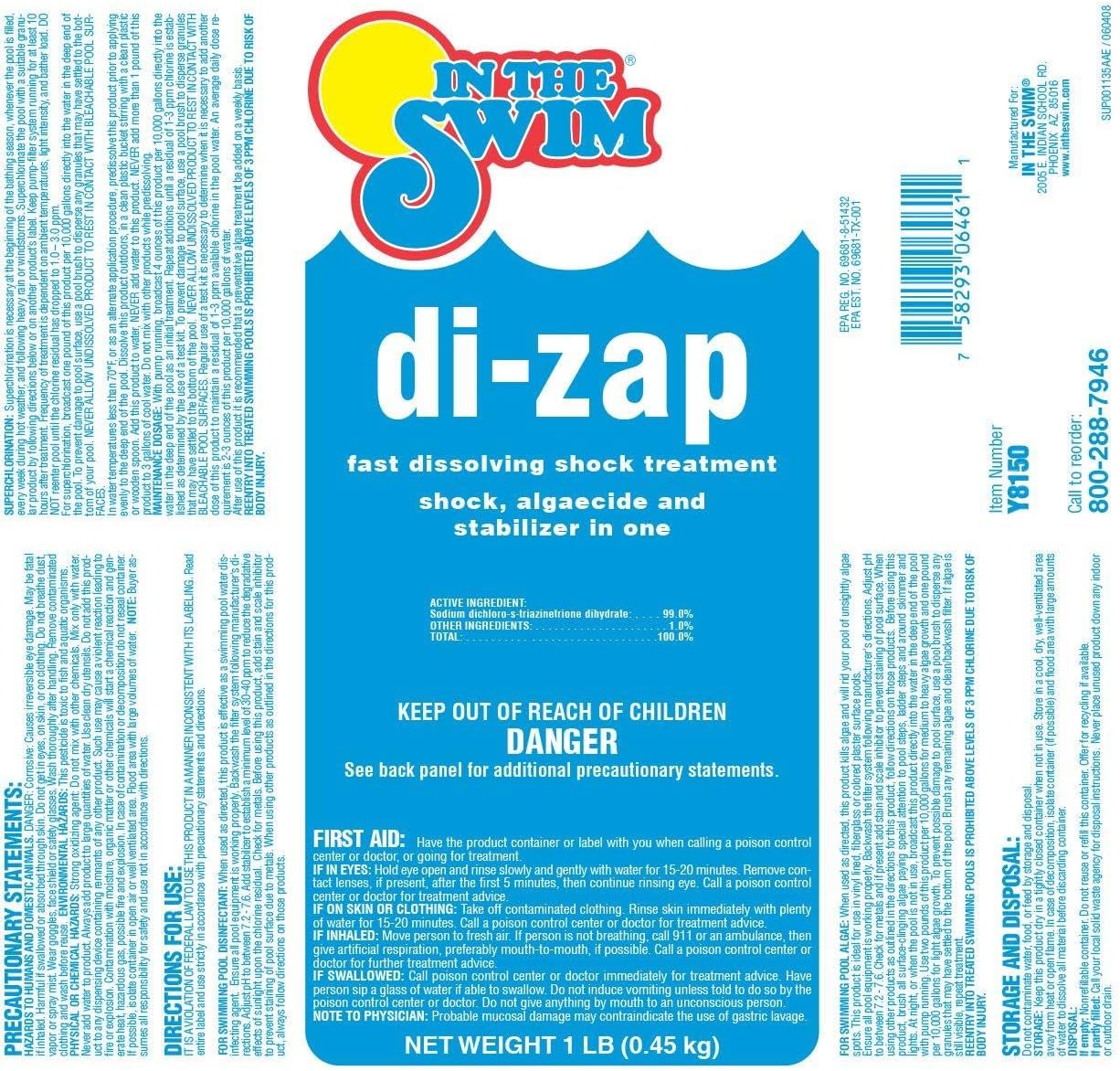 In The Swim Premium 3-in-1 Pool Shock - Di-Zap Contains Dichlor, Algaecide, and Stabilizer - 6 x 1 lb. Bags