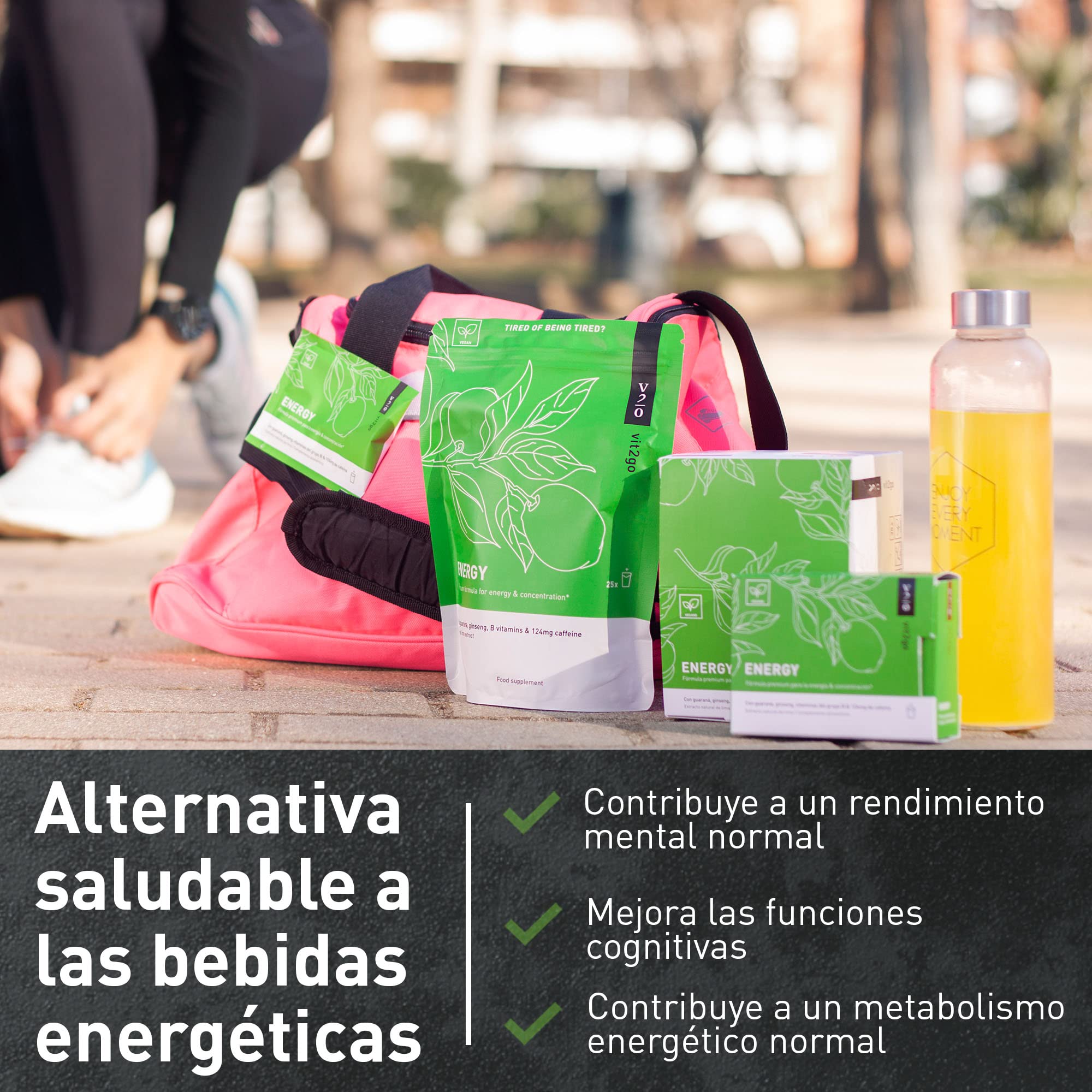 Vit2go ENERGY 10 sobres – Bebida energética natural con 124mg cafeína, guaraná y ginseng | Sin azúcar | Vitaminas B, magnesio y zinc | 100% Vegano