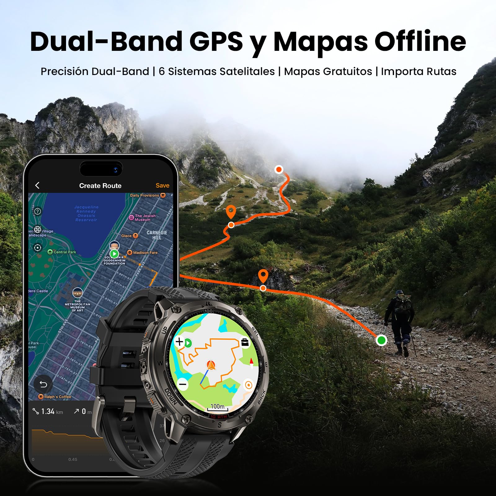 KOSPET Tank T4 GPS Smartwatch con 2 Correas (1 de Acero Inoxidable), Ideal para Uso Diario y Deporte, con Cambio rápido (Nero)