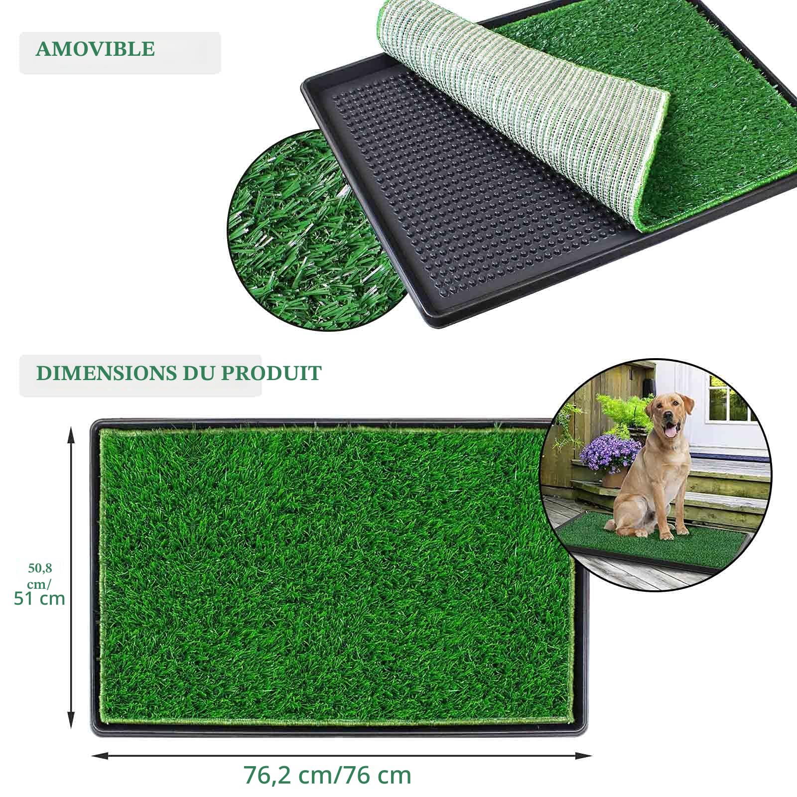 BRIAN & DANY 76 x 51cm Litiere Chien, Tapis d'apprentissage du Pipi pour Chiot, Toilette Chien avec Deux Tapis en Gazon Artificiel et Un Bac à Déchets pour L'intérieur et L'extérieur