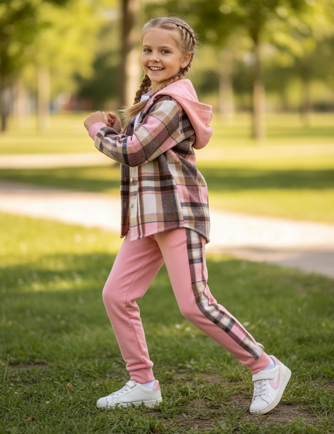 Girls Clothes Fall Outfits Classic Flannel Plaid Soft Cozy Hoodies for Girls Sweatshirt Sweatpant 2pcs Sets 7-14Y - Image 5