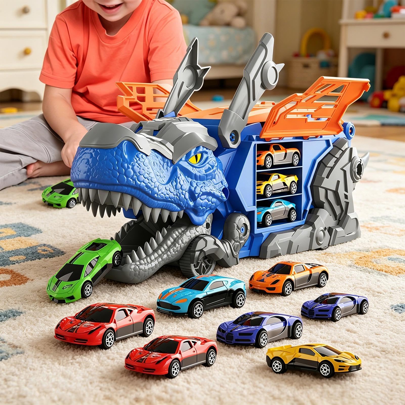 Camion Giocattolo per il Trasporto di Dinosauri Pista Doppia con 12 Mini